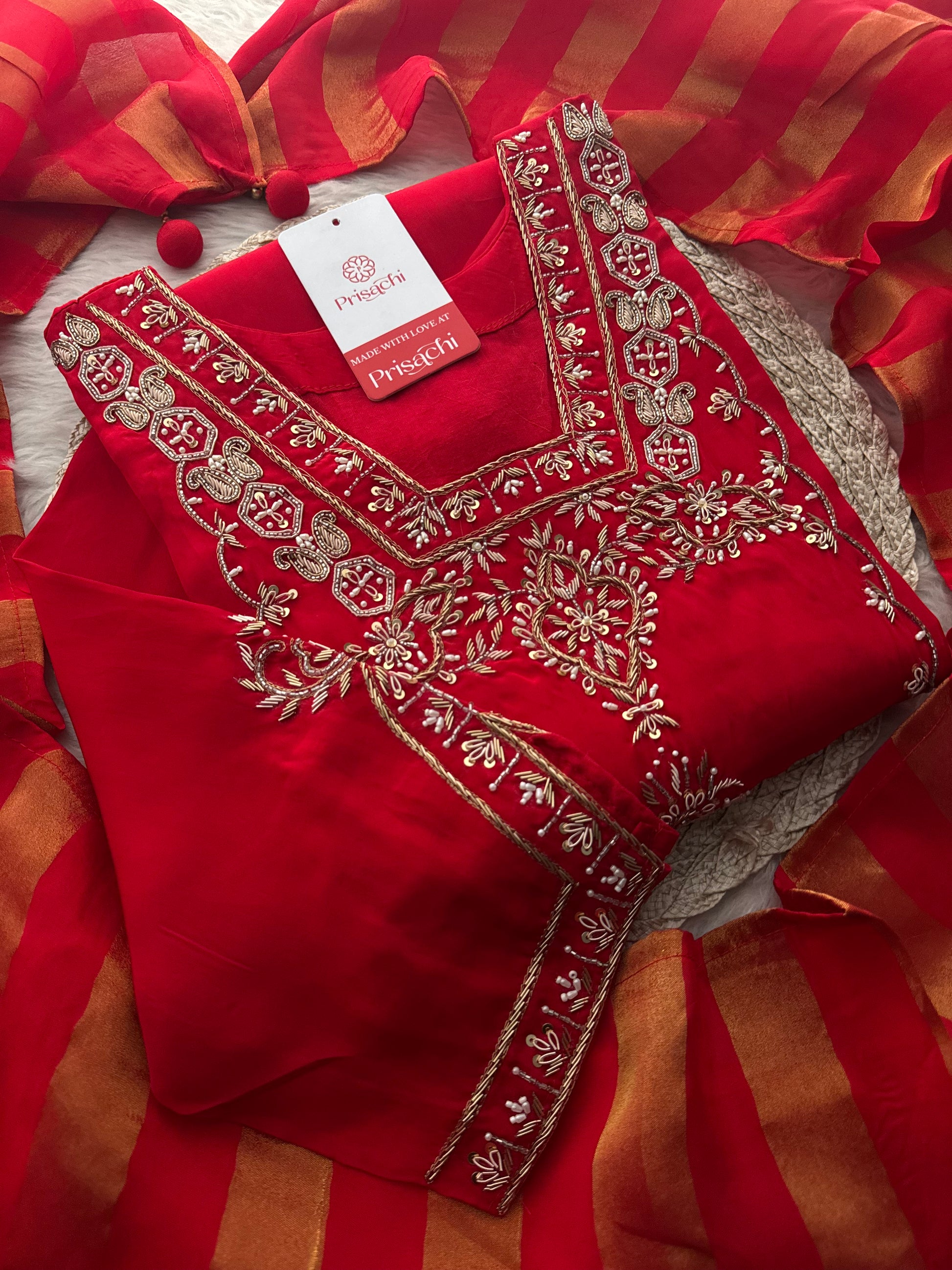 Women’s Red Embroidered Sharara Suit Set with Dupatta | Festive & Wedding Ethnic Wear - Prisachi Official