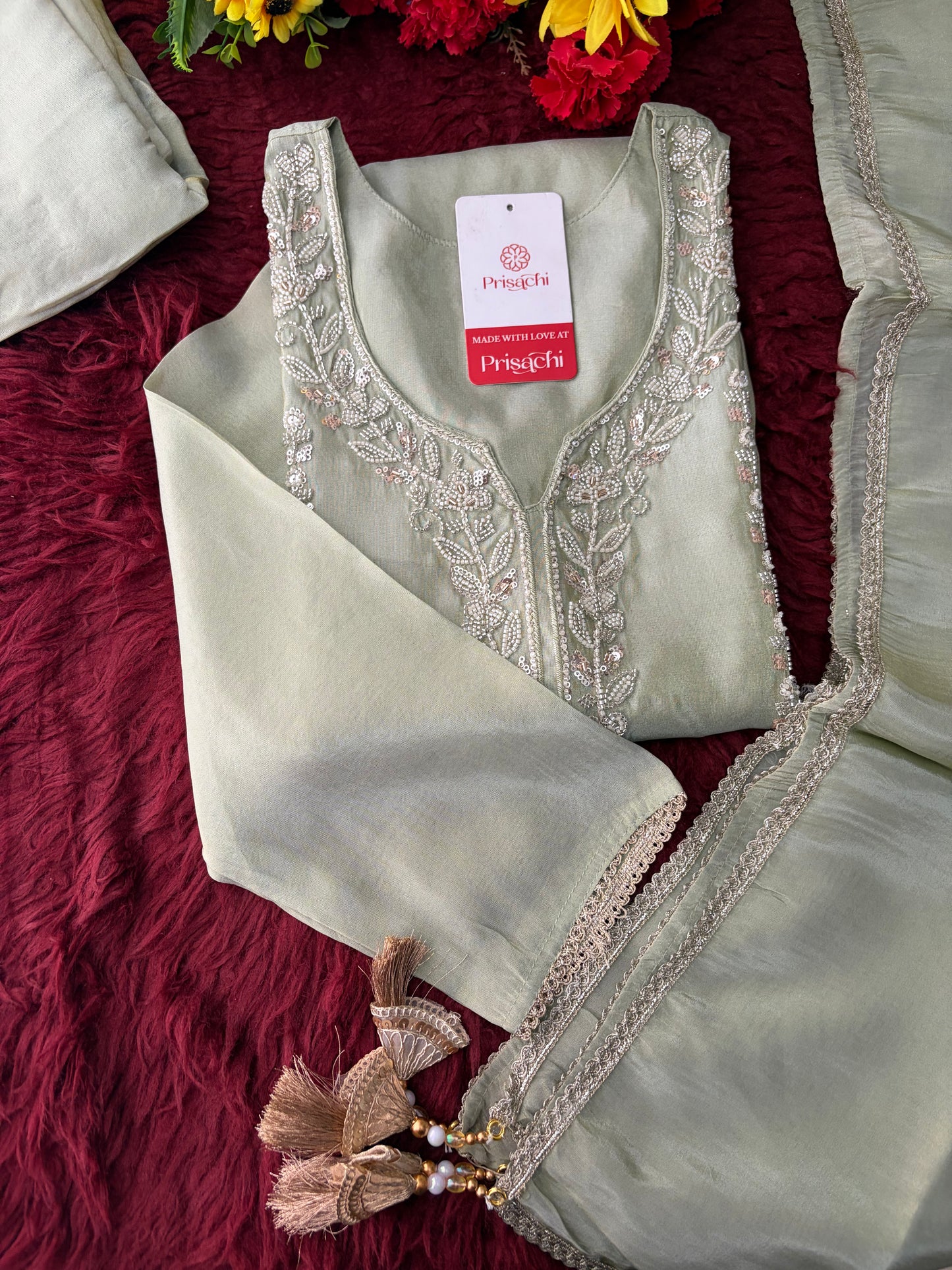 Sage Green Embroidered Kurta Set with Wide-Leg Pants & Dupatta | Festive & Party Wear Ethnic Sharara Set