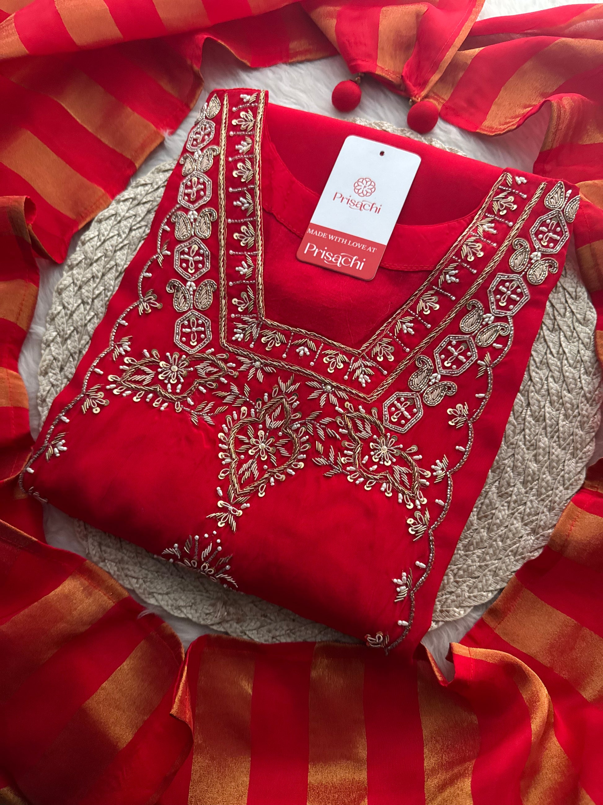 Women’s Red Embroidered Sharara Suit Set with Dupatta | Festive & Wedding Ethnic Wear - Prisachi Official