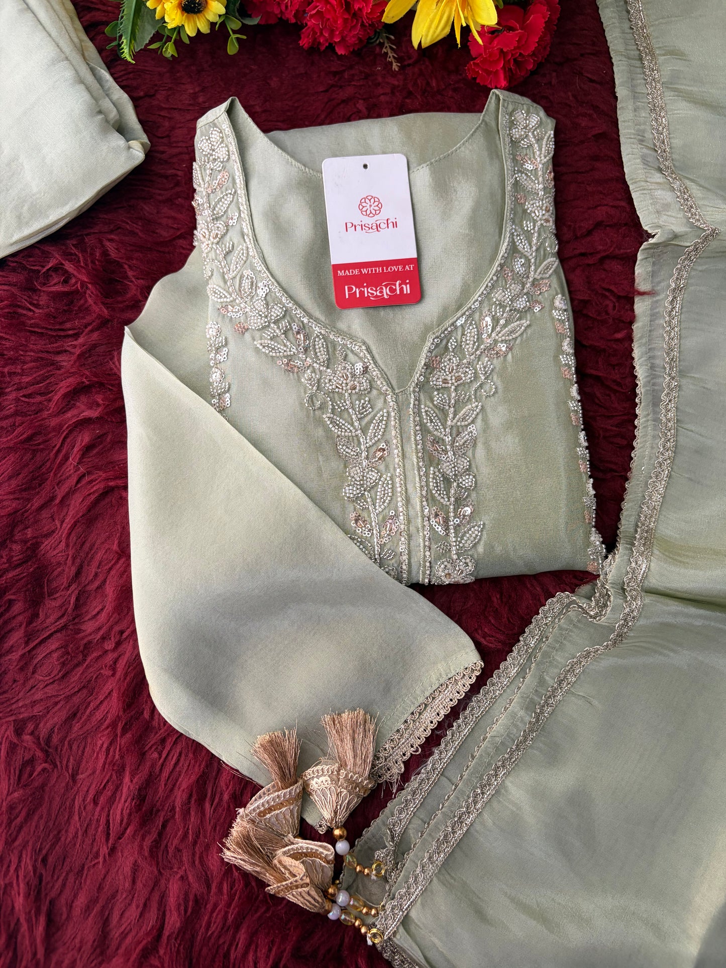 Sage Green Embroidered Kurta Set with Wide-Leg Pants & Dupatta | Festive & Party Wear Ethnic Sharara Set