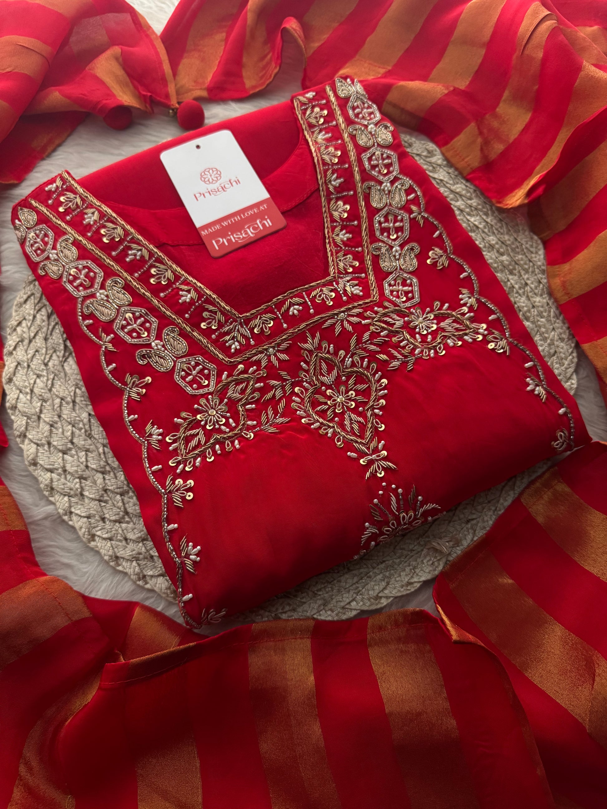 Women’s Red Embroidered Sharara Suit Set with Dupatta | Festive & Wedding Ethnic Wear - Prisachi Official