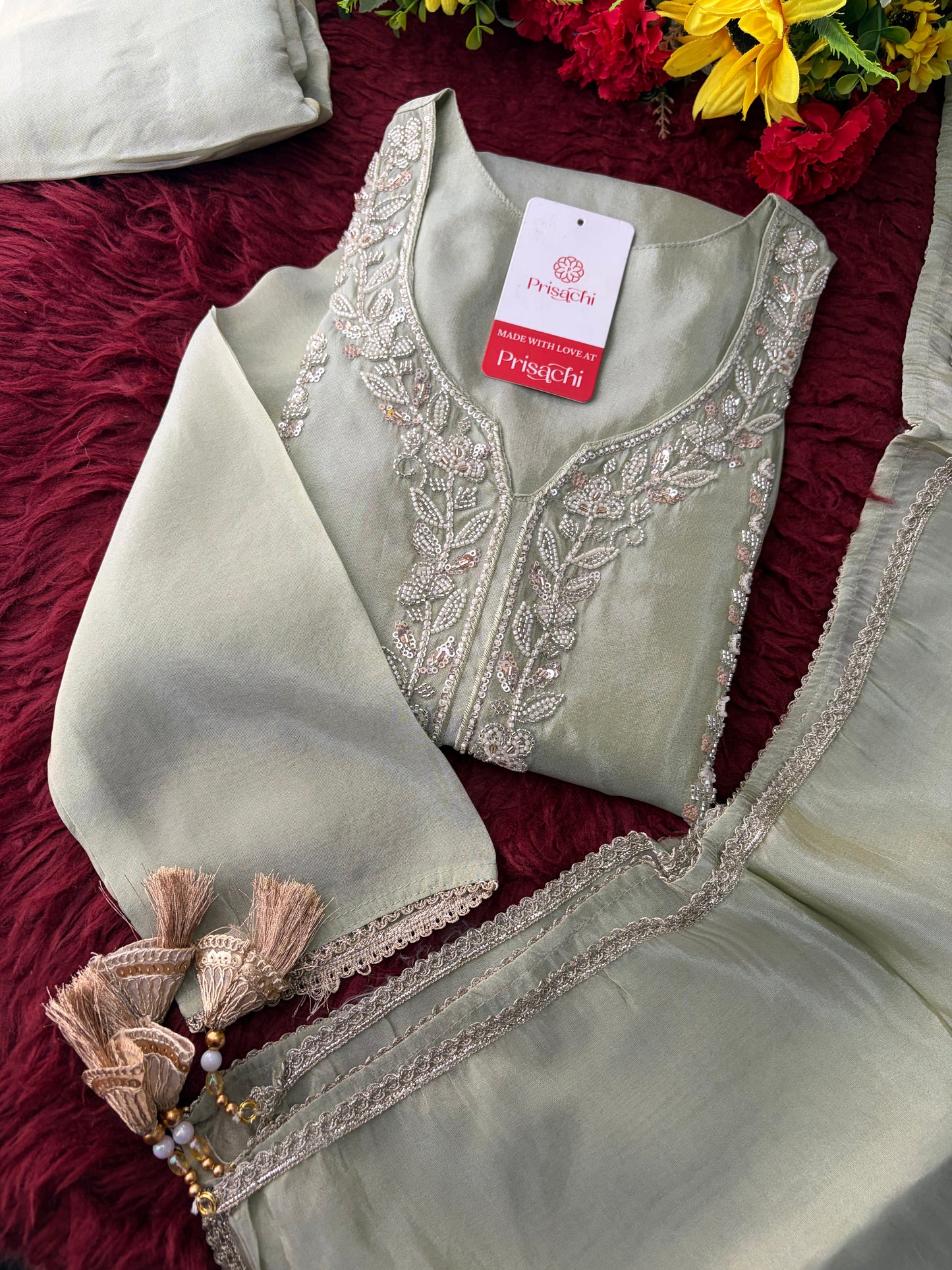 Sage Green Embroidered Kurta Set with Wide-Leg Pants & Dupatta | Festive & Party Wear Ethnic Sharara Set