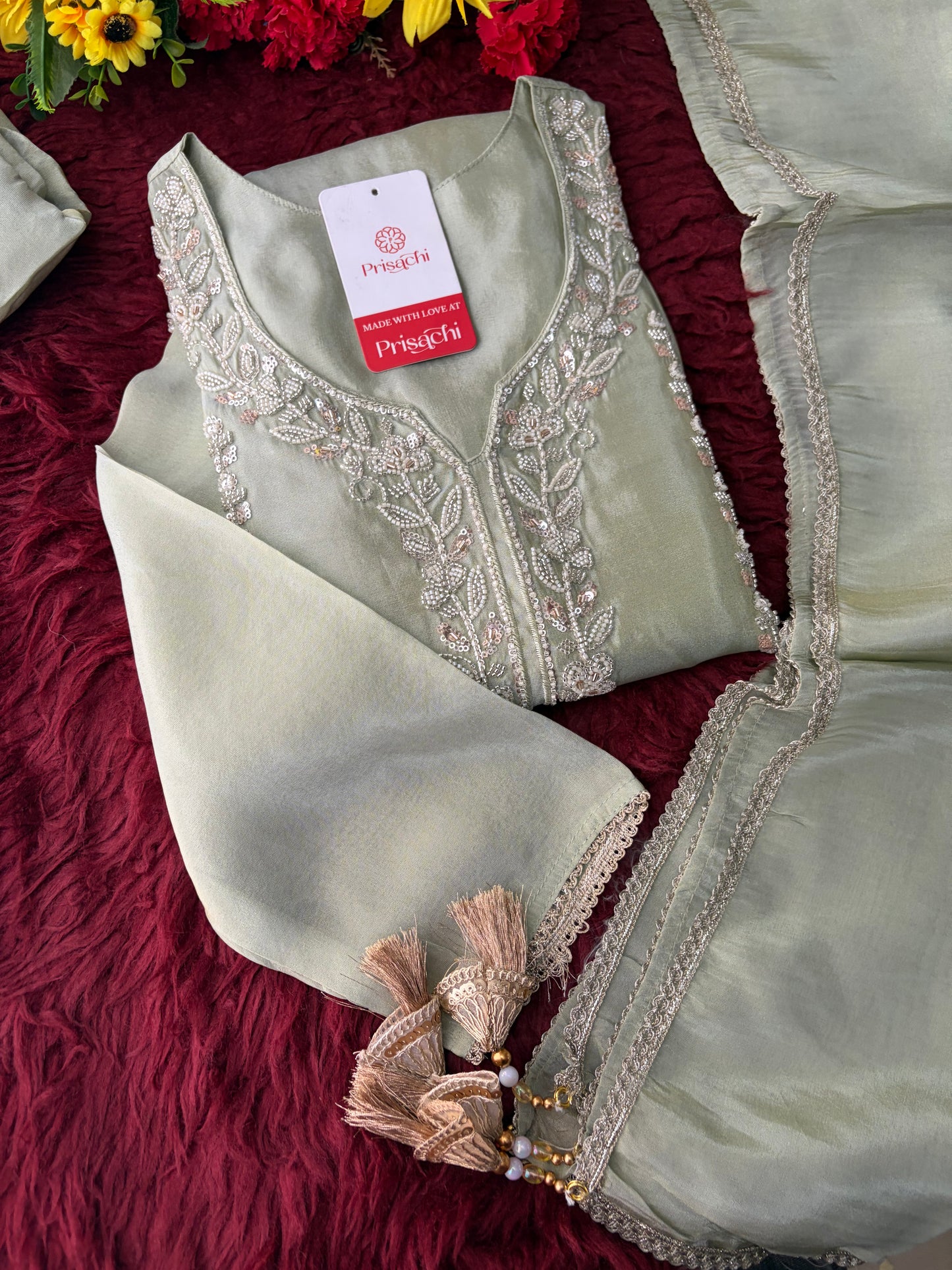 Sage Green Embroidered Kurta Set with Wide-Leg Pants & Dupatta | Festive & Party Wear Ethnic Sharara Set