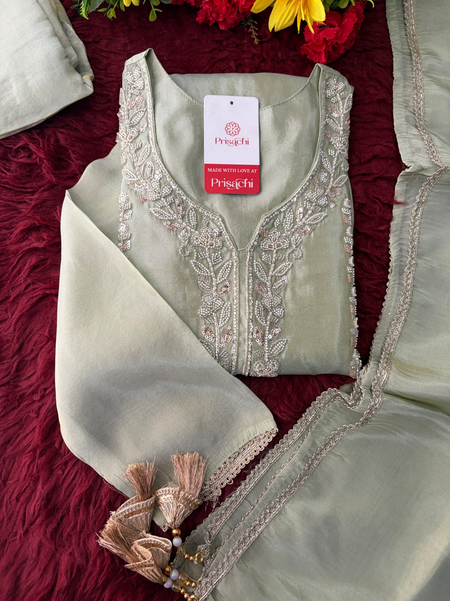 Sage Green Embroidered Kurta Set with Wide-Leg Pants & Dupatta | Festive & Party Wear Ethnic Sharara Set