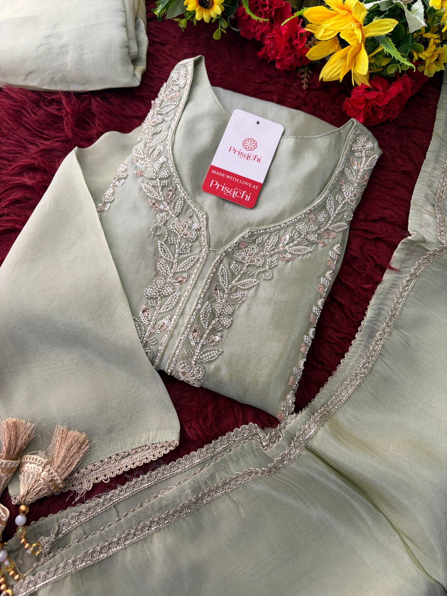 Sage Green Embroidered Kurta Set with Wide-Leg Pants & Dupatta | Festive & Party Wear Ethnic Sharara Set