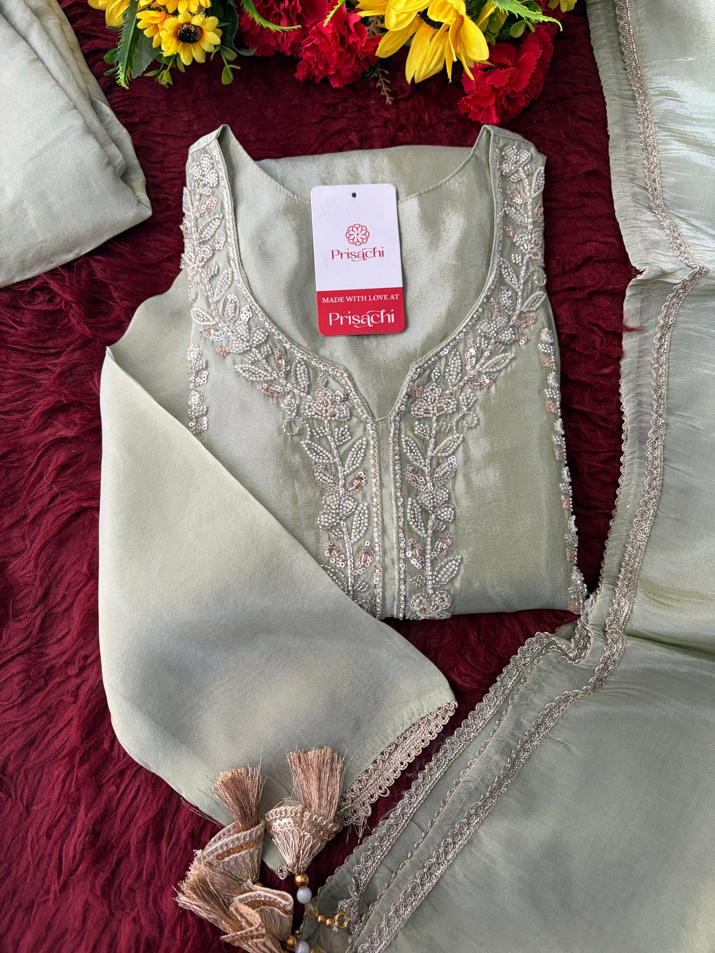 Sage Green Embroidered Kurta Set with Wide-Leg Pants & Dupatta | Festive & Party Wear Ethnic Sharara Set
