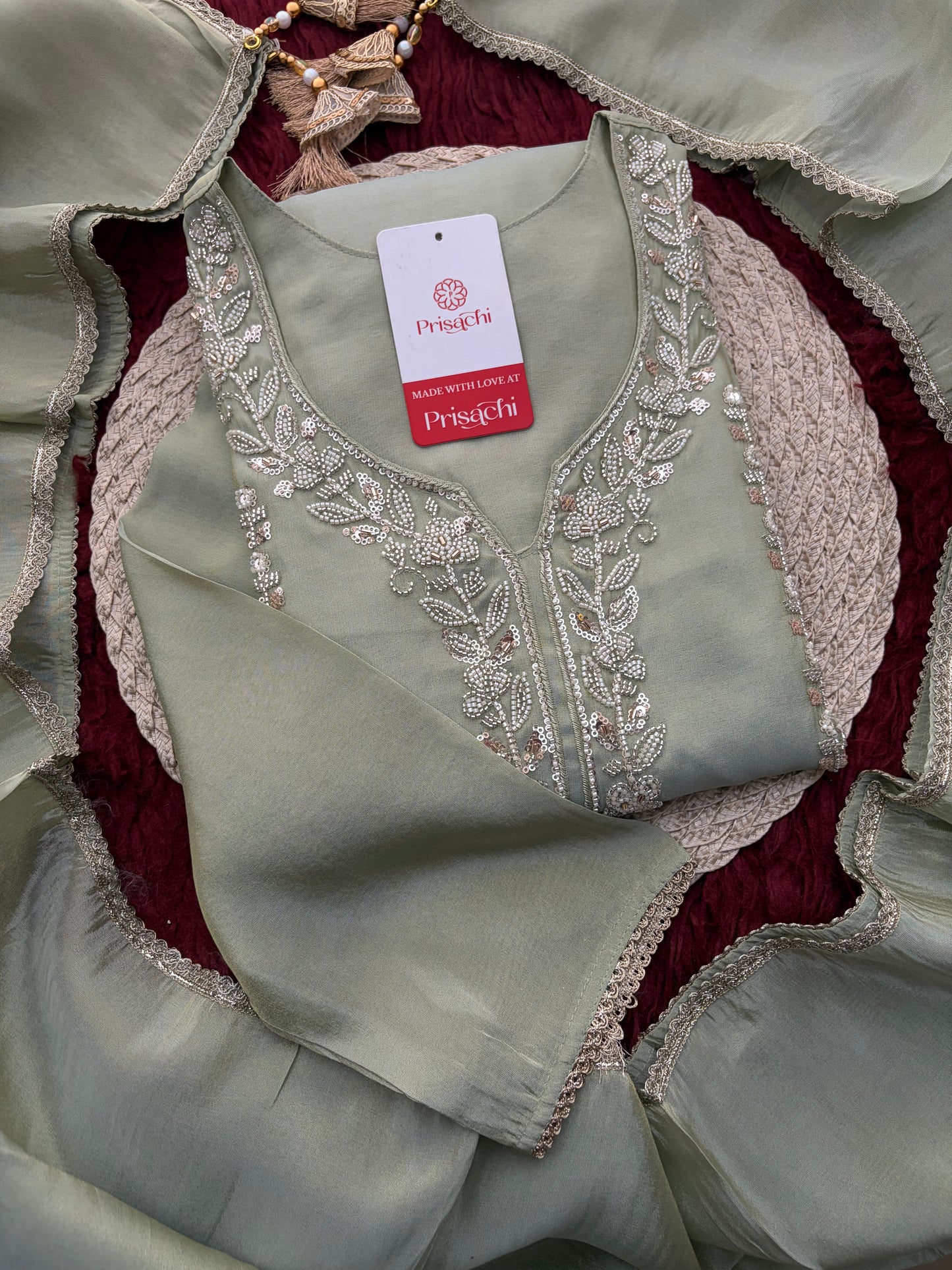 Sage Green Embroidered Kurta Set with Wide-Leg Pants & Dupatta | Festive & Party Wear Ethnic Sharara Set