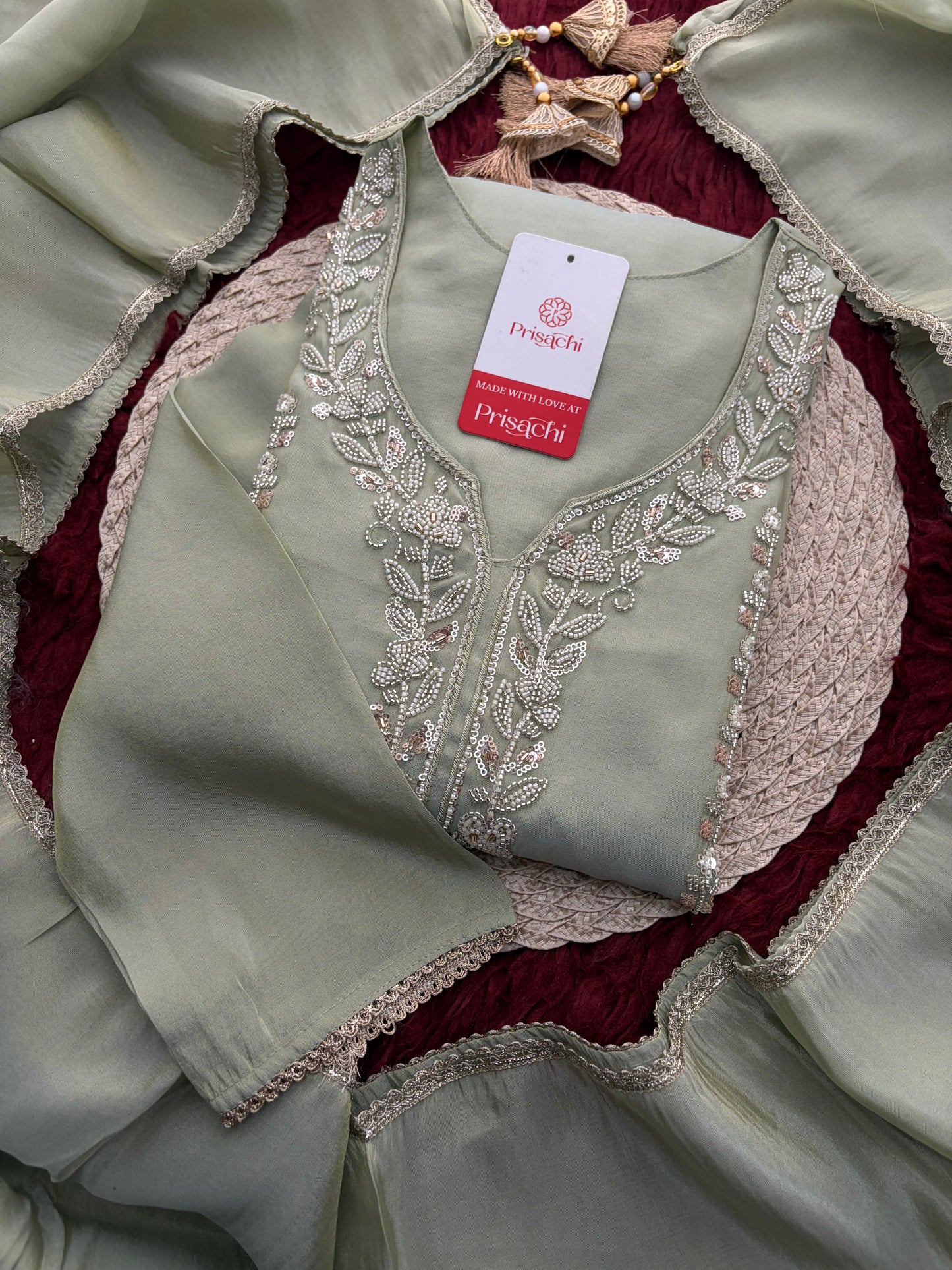 Sage Green Embroidered Kurta Set with Wide-Leg Pants & Dupatta | Festive & Party Wear Ethnic Sharara Set