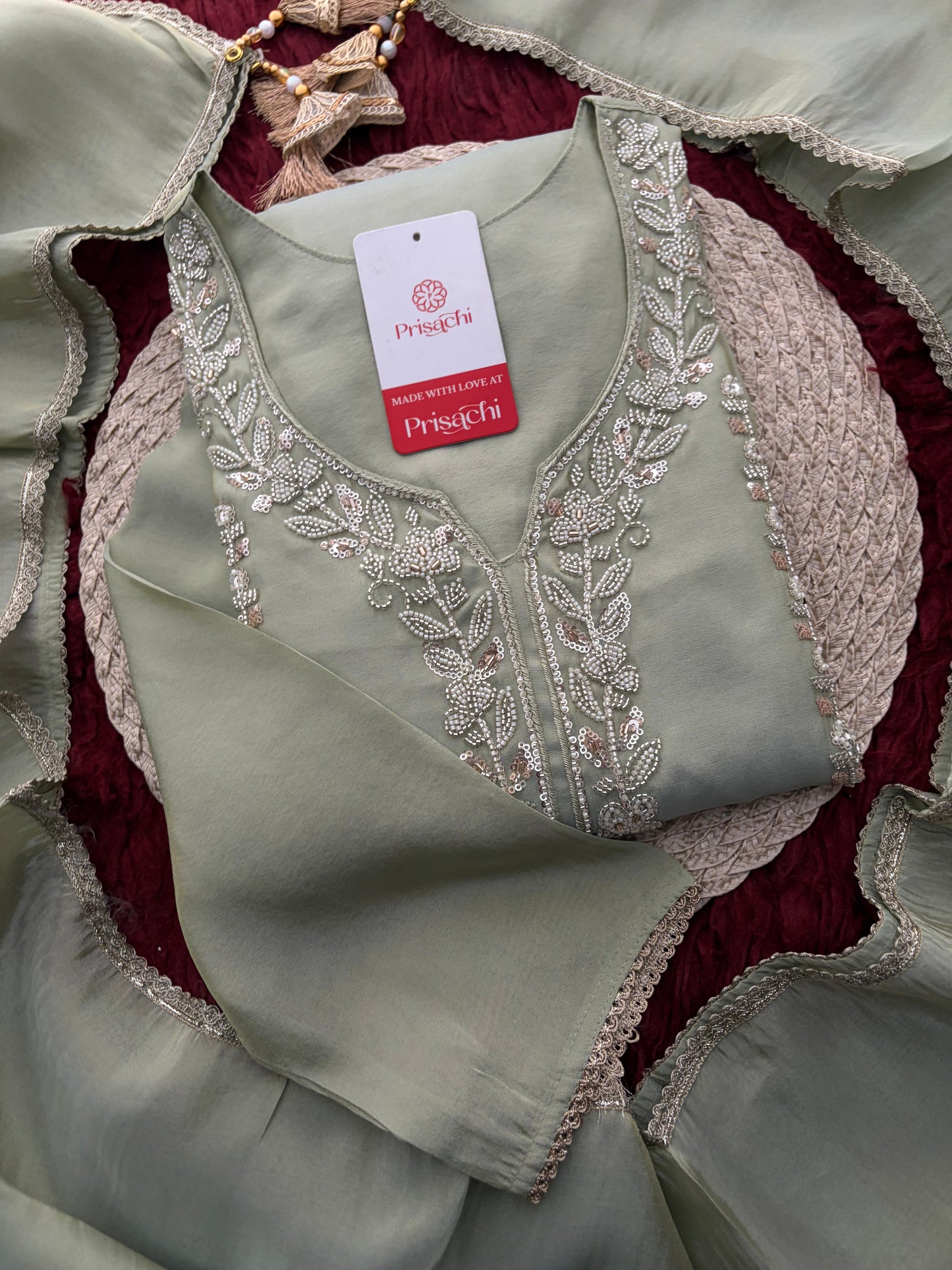 Sage Green Embroidered Kurta Set with Wide-Leg Pants & Dupatta | Festive & Party Wear Ethnic Sharara Set