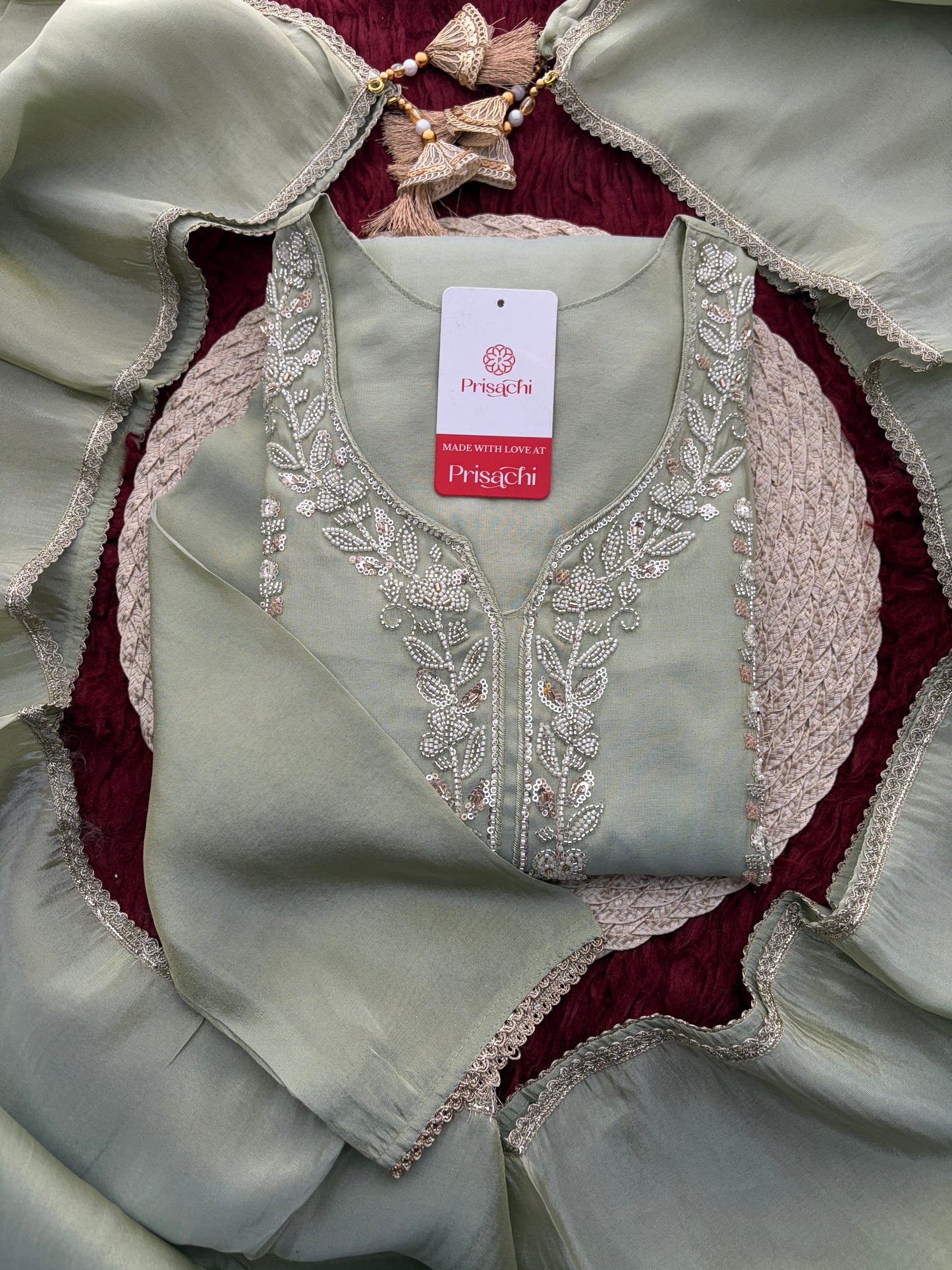 Sage Green Embroidered Kurta Set with Wide-Leg Pants & Dupatta | Festive & Party Wear Ethnic Sharara Set