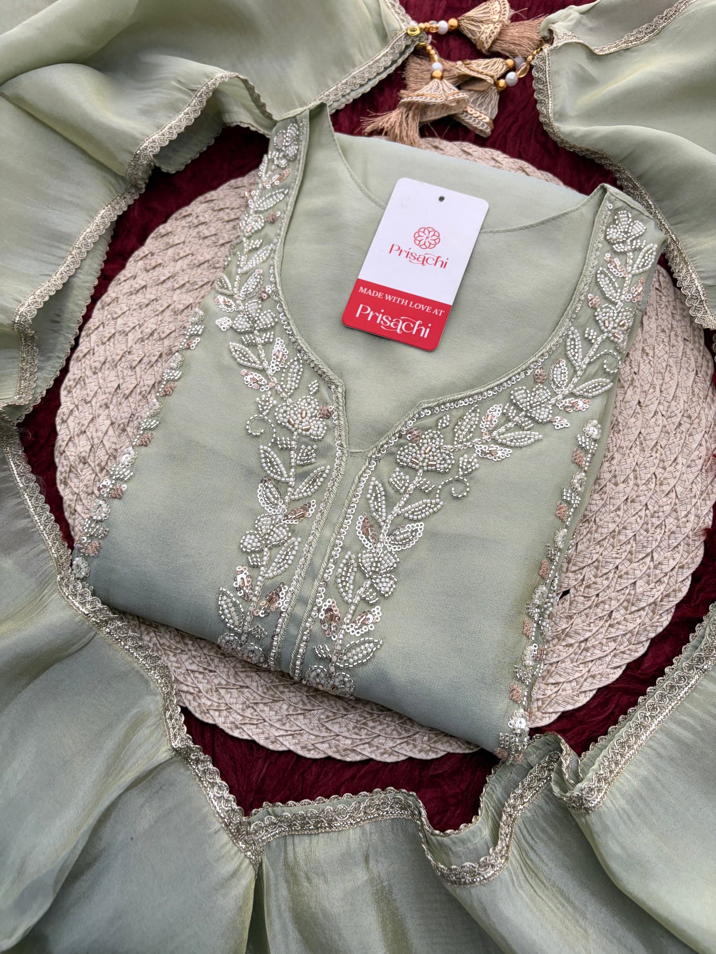 Sage Green Embroidered Kurta Set with Wide-Leg Pants & Dupatta | Festive & Party Wear Ethnic Sharara Set