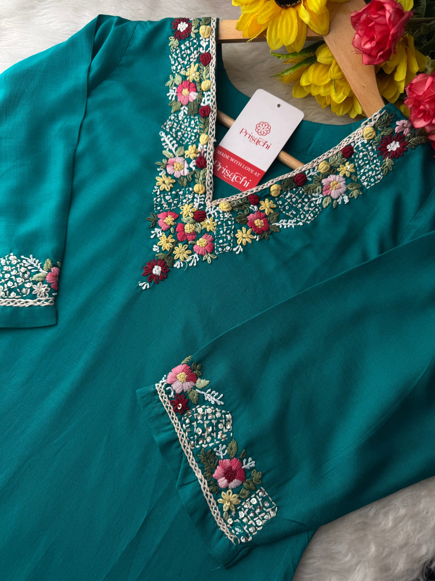 Green Thread Embroidered Kurti Pant Co-ord Set | Ethnic Office & Daily Wear - Prisachi Official
