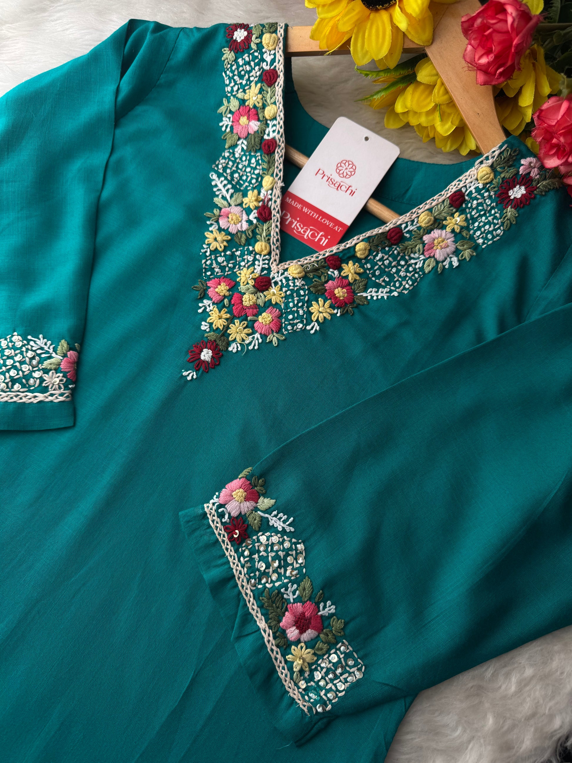Green Thread Embroidered Kurti Pant Co-ord Set | Ethnic Office & Daily Wear - Prisachi Official