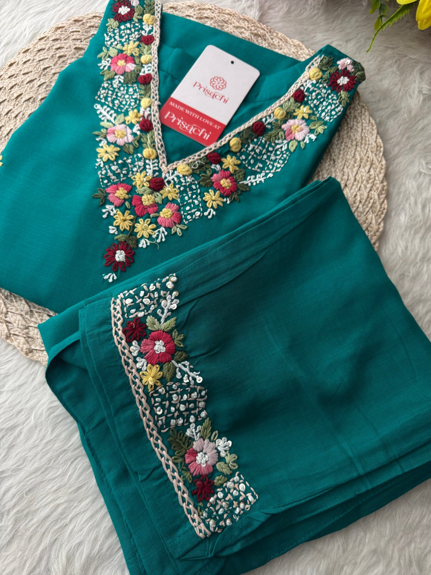 Green Thread Embroidered Kurti Pant Co-ord Set | Ethnic Office & Daily Wear - Prisachi Official