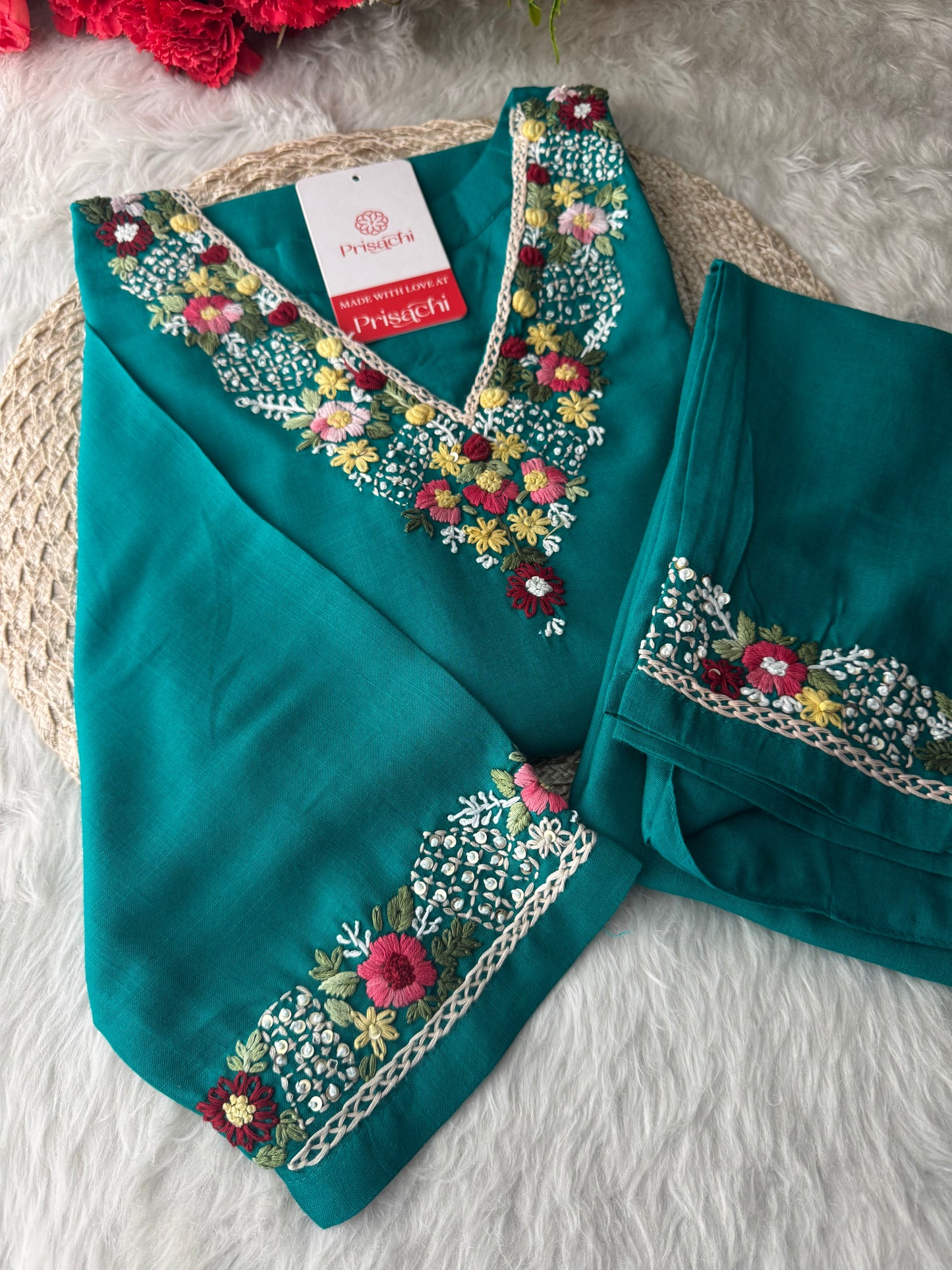 Green Thread Embroidered Kurti Pant Co-ord Set | Ethnic Office & Daily Wear - Prisachi Official