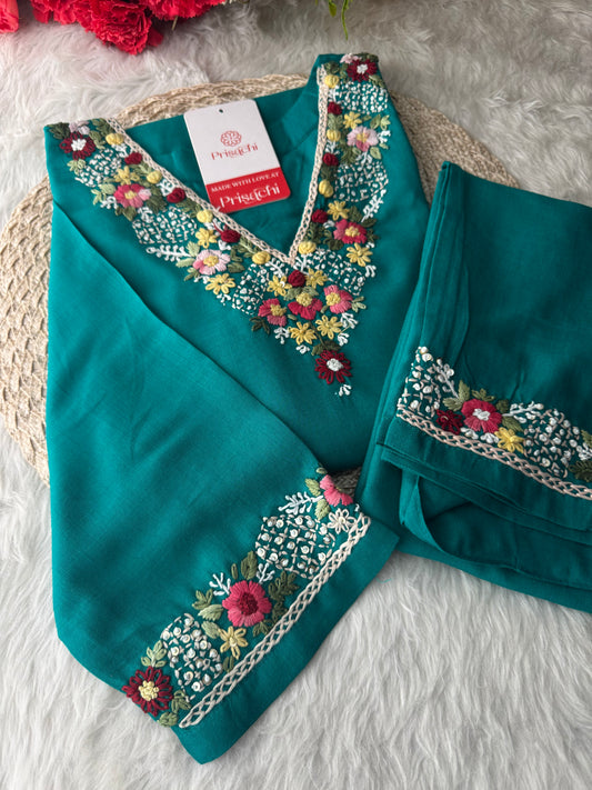 Green Thread Embroidered Kurti Pant Co-ord Set | Ethnic Office & Daily Wear - Prisachi Official