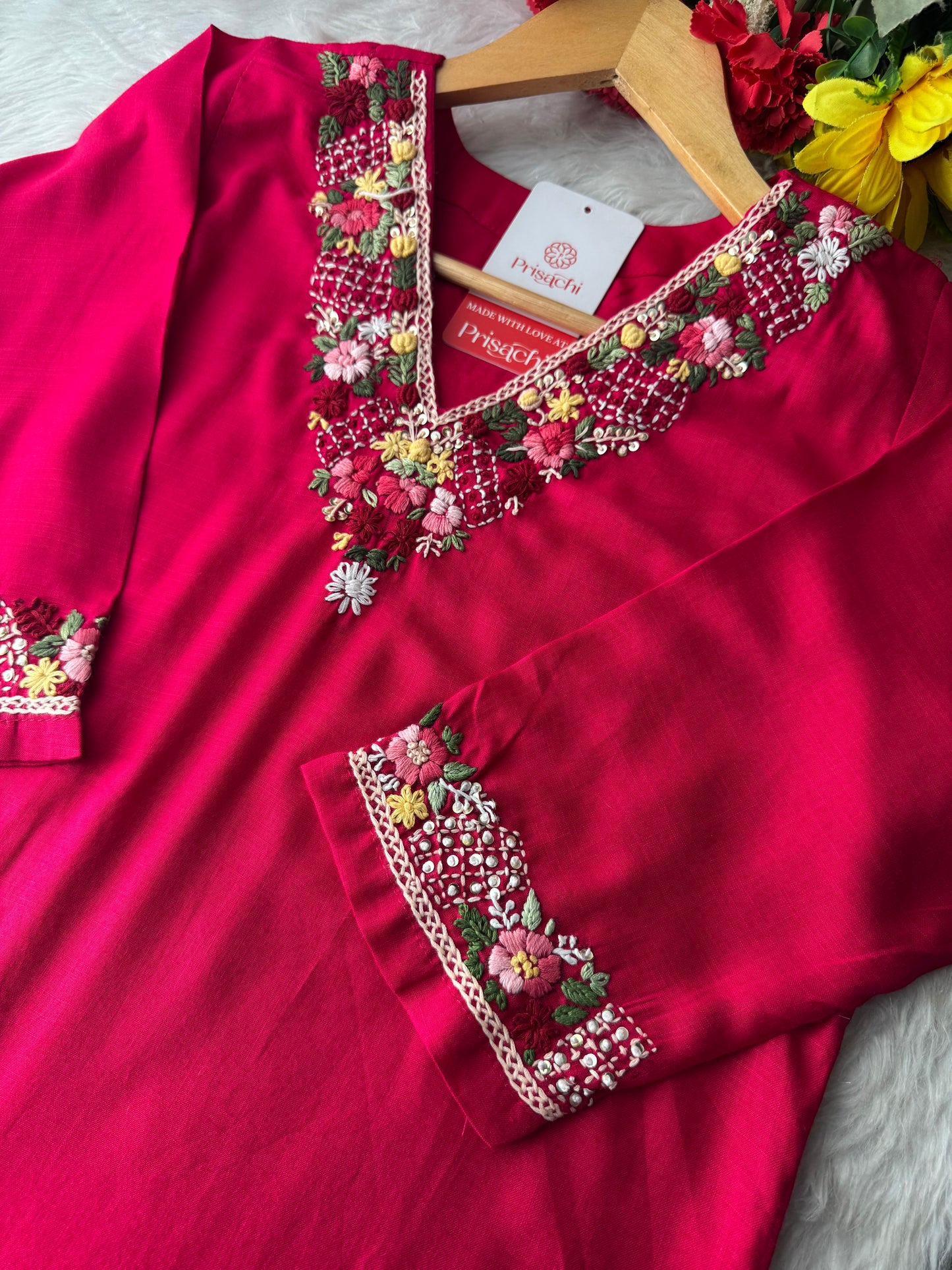 Dark Pink Thread Embroidered Kurti Pant Co-ord Set | Ethnic Office & Daily Wear - Prisachi Official