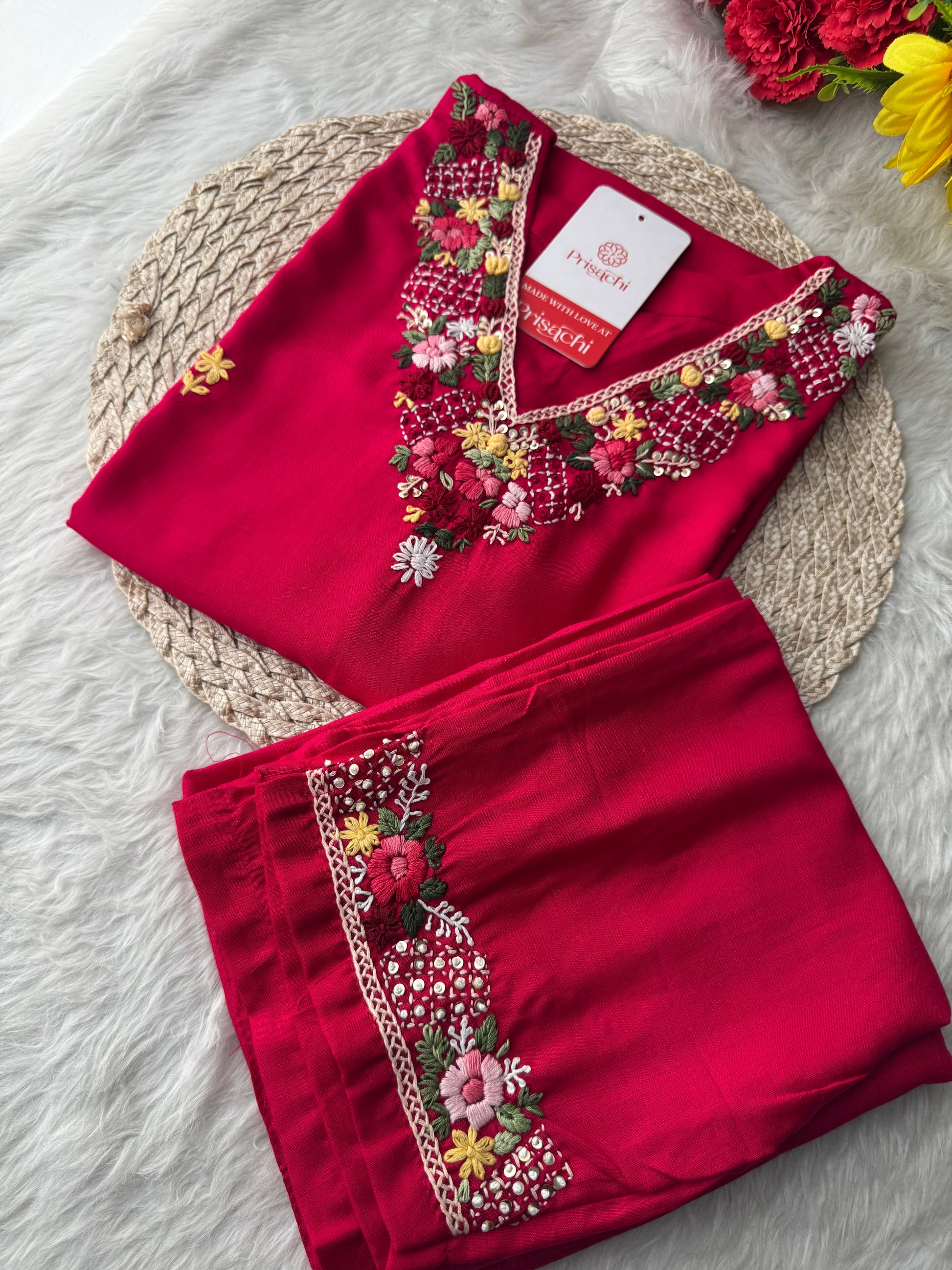 Dark Pink Thread Embroidered Kurti Pant Co-ord Set | Ethnic Office & Daily Wear - Prisachi Official