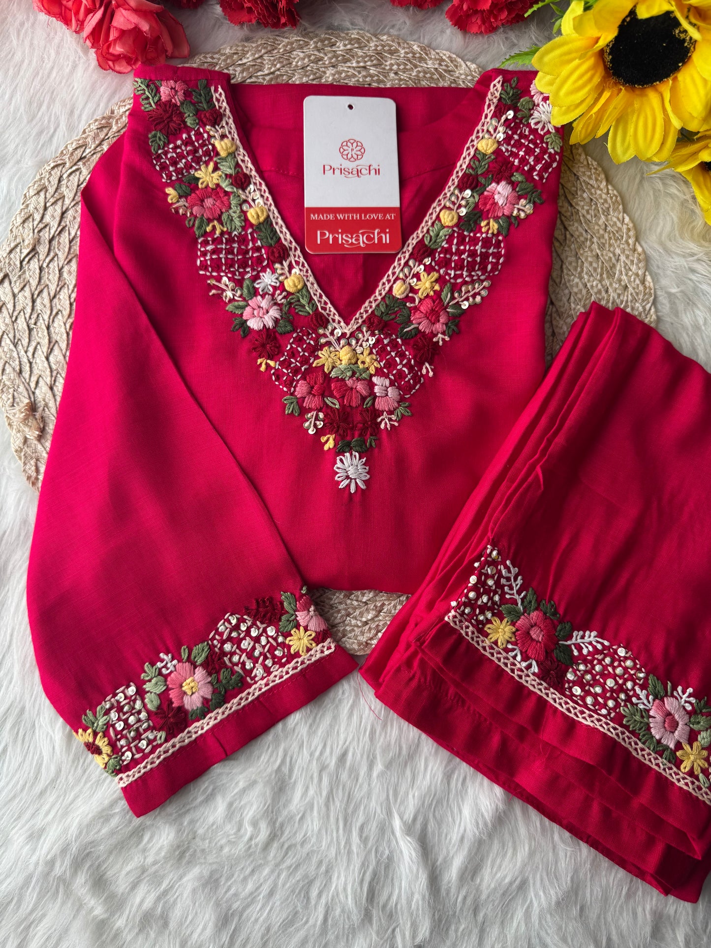 Dark Pink Thread Embroidered Kurti Pant Co-ord Set | Ethnic Office & Daily Wear - Prisachi Official