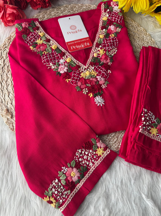 Dark Pink Thread Embroidered Kurti Pant Co-ord Set | Ethnic Office & Daily Wear - Prisachi Official