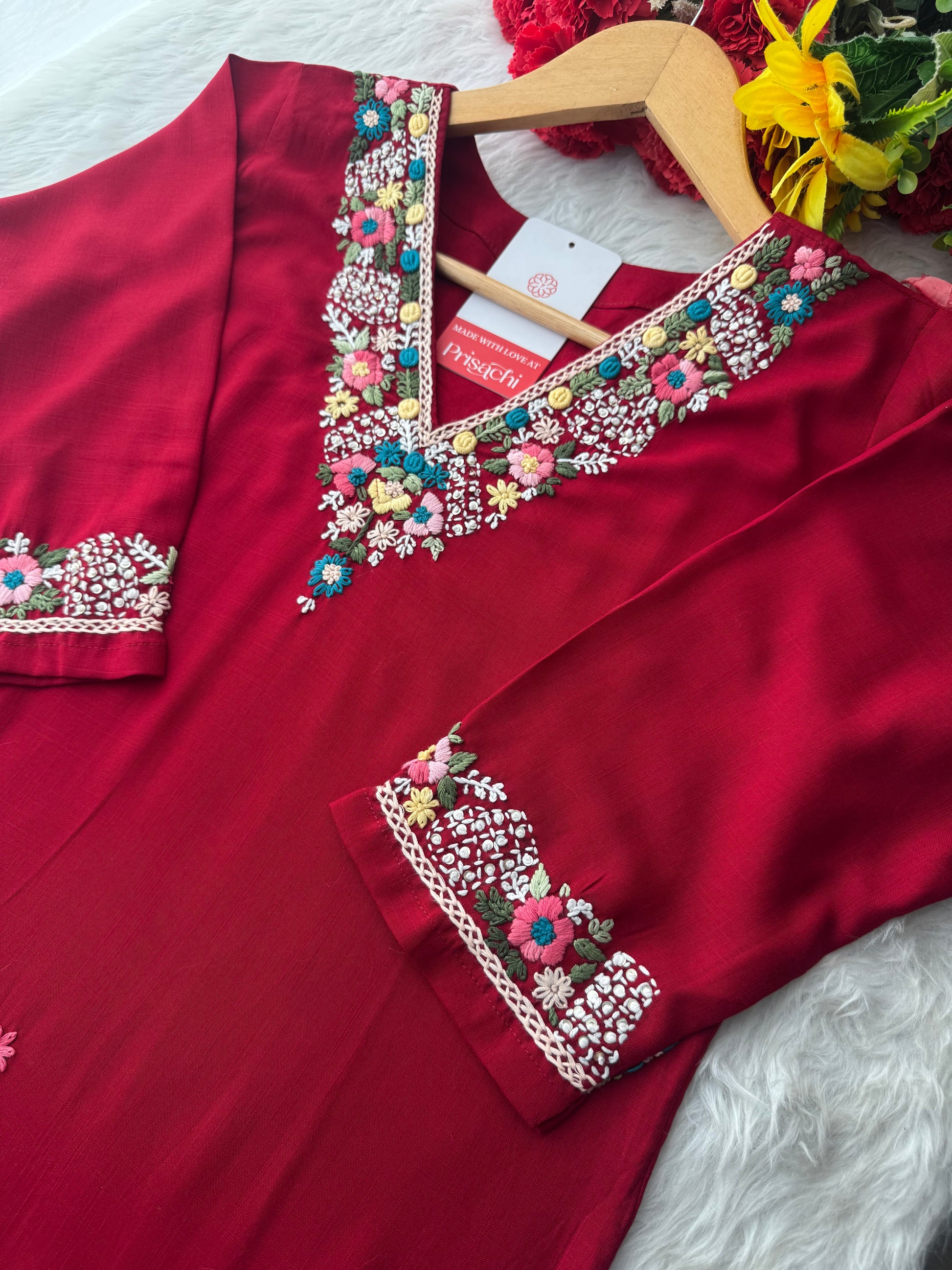 Maroon Thread Embroidered Kurti Pant Co-ord Set | Ethnic Office & Daily Wear - Prisachi Official