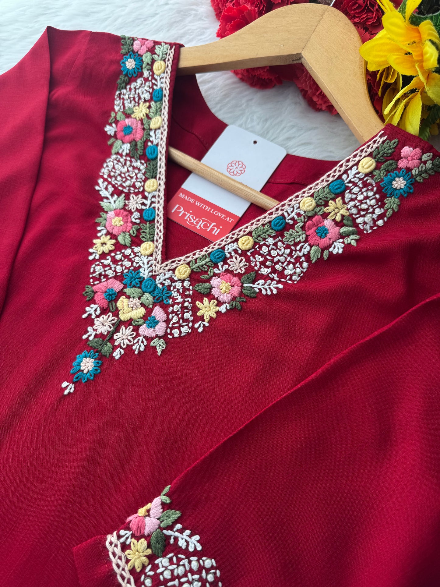 Maroon Thread Embroidered Kurti Pant Co-ord Set | Ethnic Office & Daily Wear - Prisachi Official