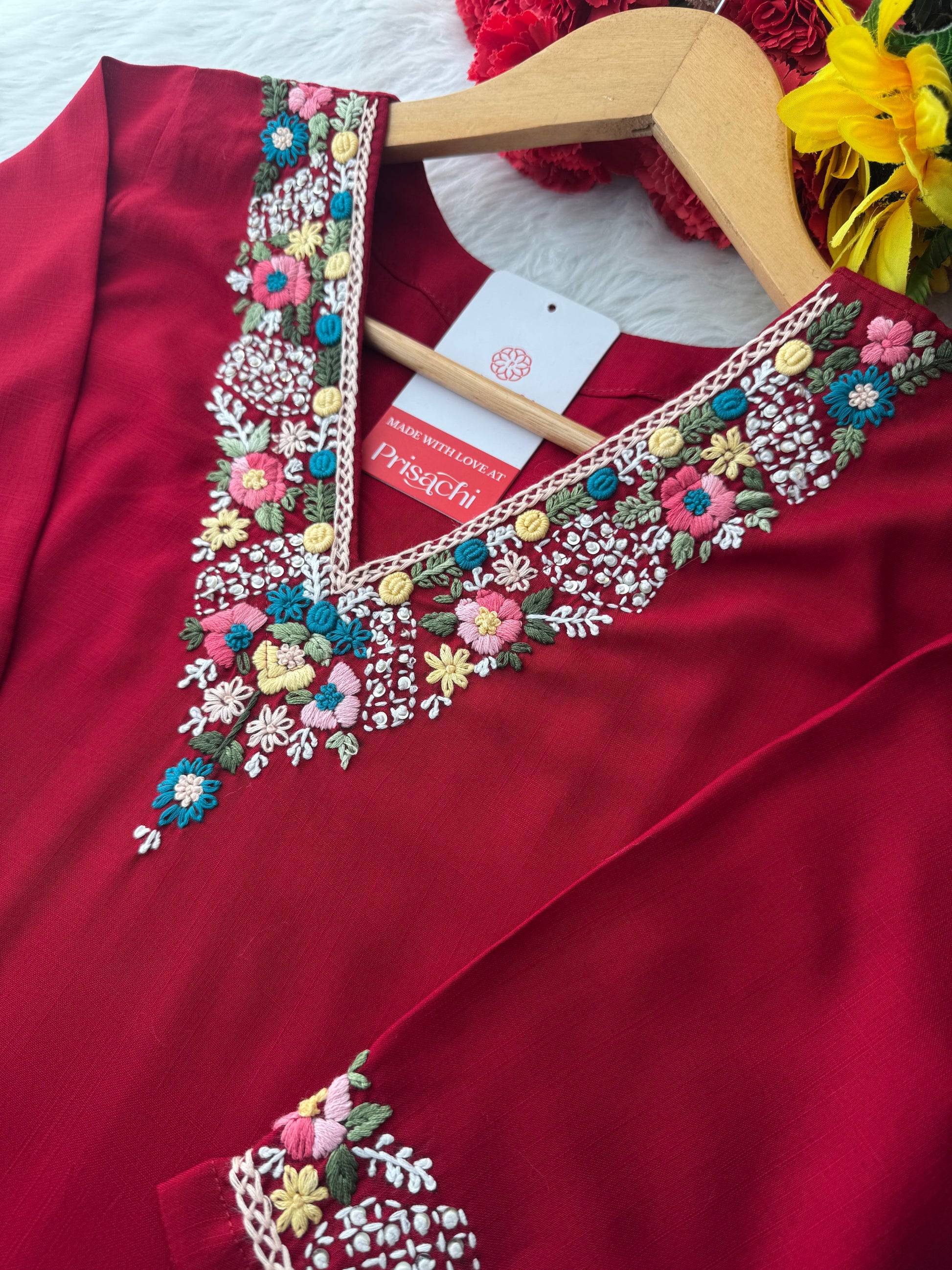 Maroon Thread Embroidered Kurti Pant Co-ord Set | Ethnic Office & Daily Wear - Prisachi Official