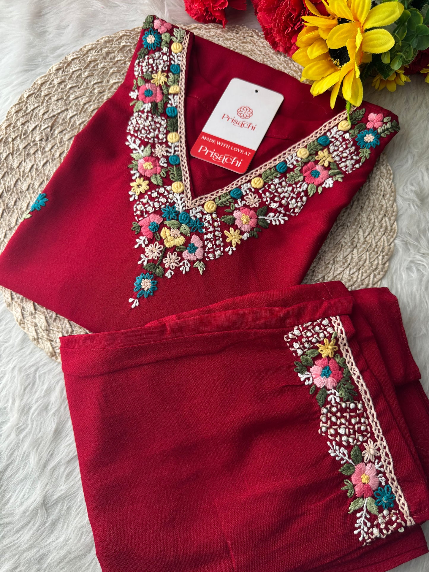 Maroon Thread Embroidered Kurti Pant Co-ord Set | Ethnic Office & Daily Wear - Prisachi Official