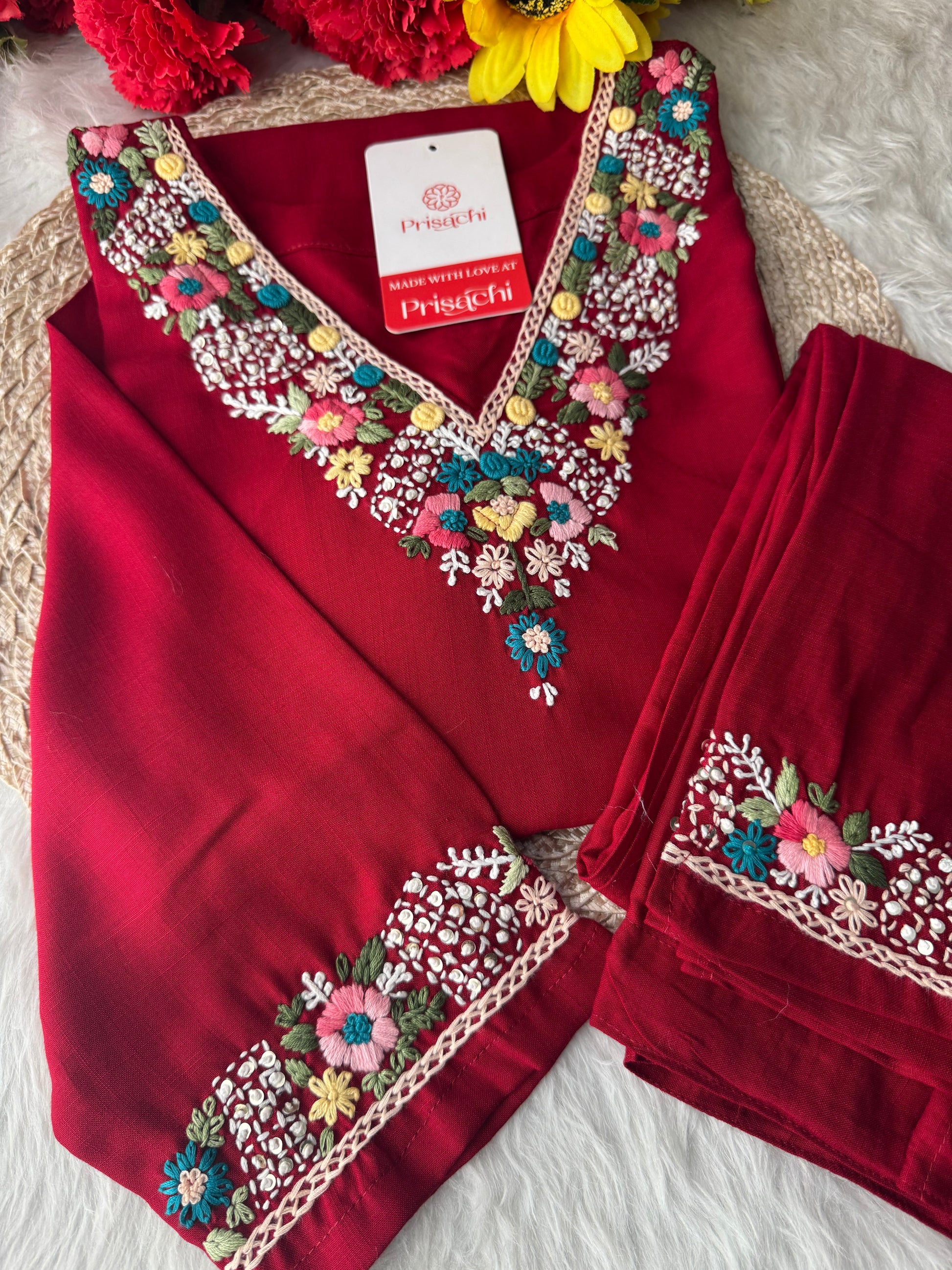 Maroon Thread Embroidered Kurti Pant Co-ord Set | Ethnic Office & Daily Wear - Prisachi Official
