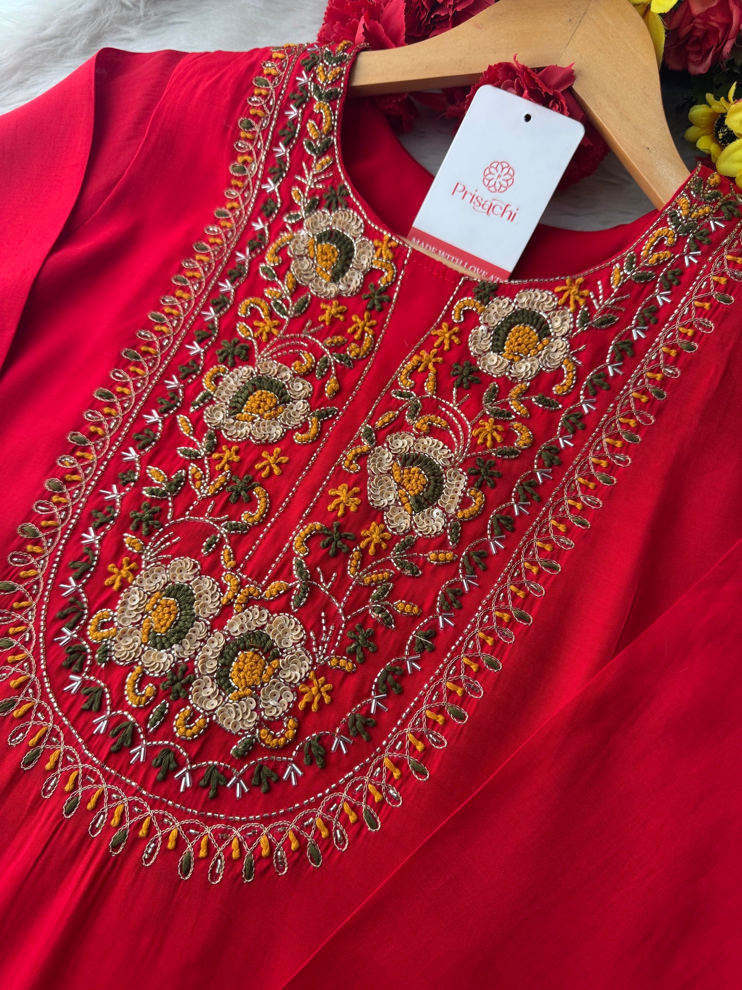 Red Embroidered Ethnic Kurta Set with Floral Printed Dupatta & Pants - Prisachi Official