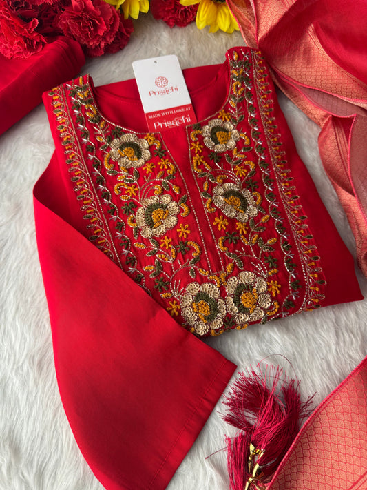 Red Embroidered Ethnic Kurta Set with Floral Printed Dupatta & Pants - Prisachi Official