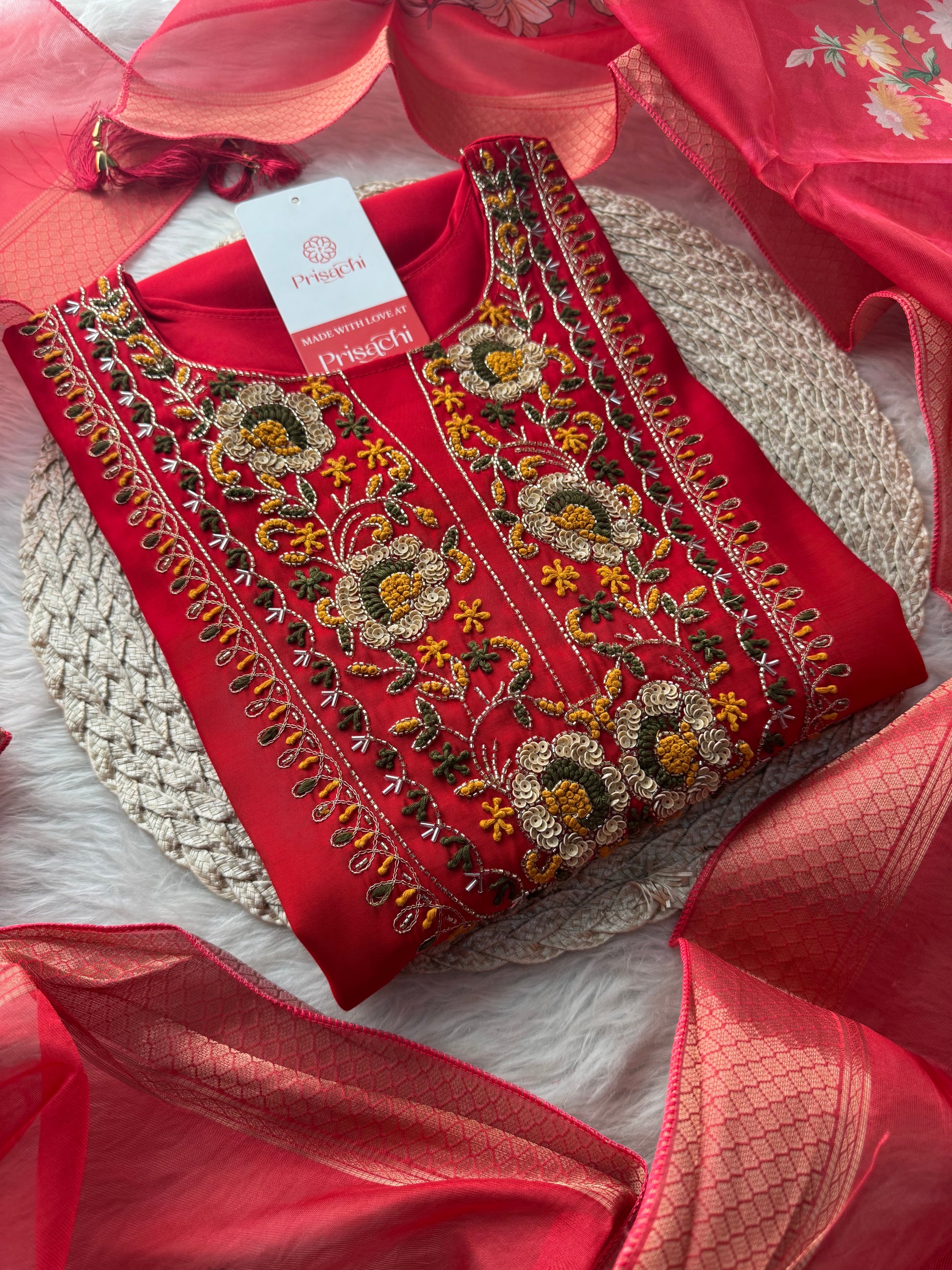 Red Embroidered Ethnic Kurta Set with Floral Printed Dupatta & Pants - Prisachi Official