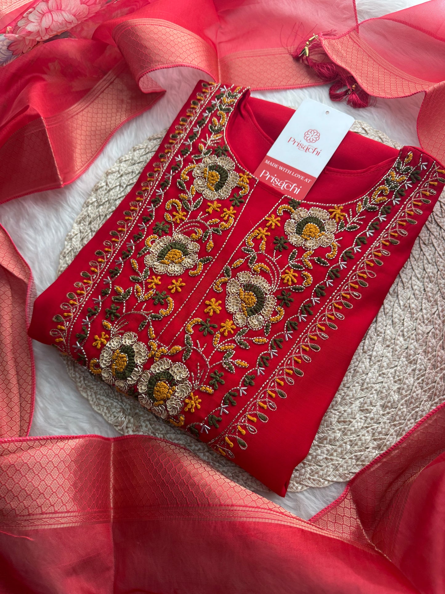 Red Embroidered Ethnic Kurta Set with Floral Printed Dupatta & Pants - Prisachi Official
