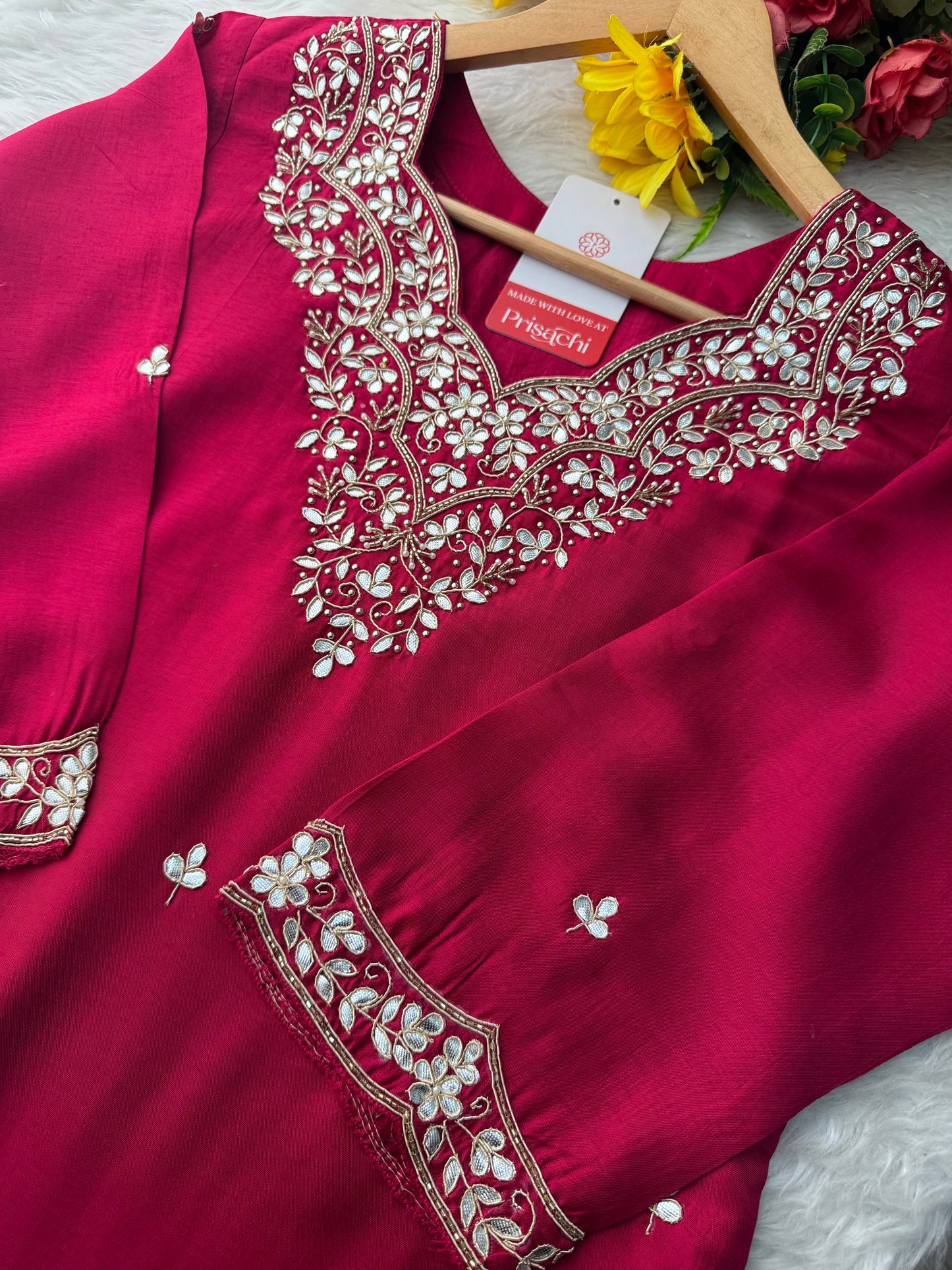 Rani Pink Embroidered Ethnic Kurta Set with Pant & Dupatta - Prisachi Official
