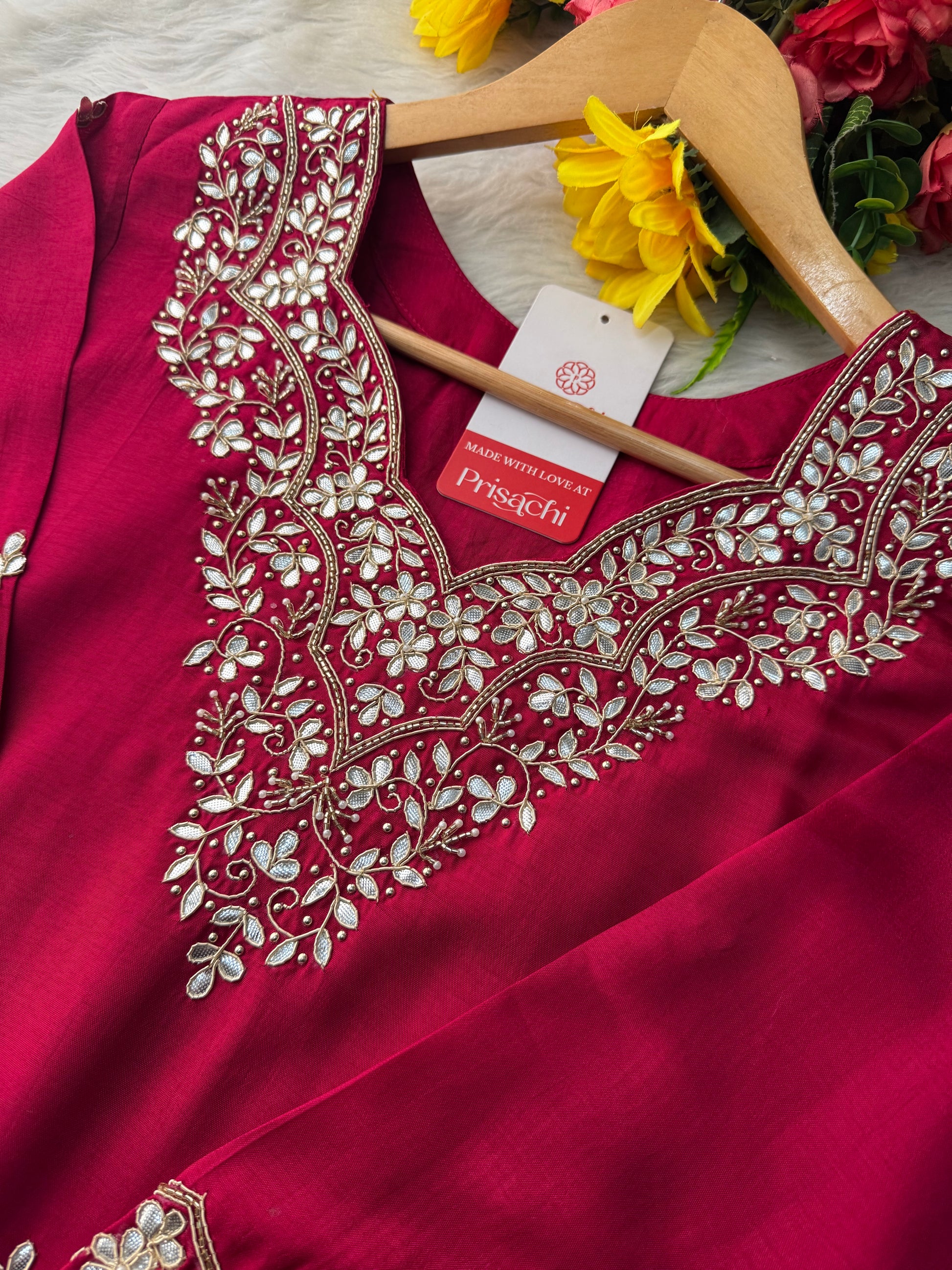 Rani Pink Embroidered Ethnic Kurta Set with Pant & Dupatta - Prisachi Official