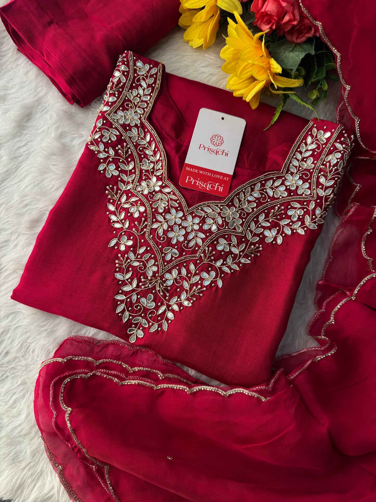 Rani Pink Embroidered Ethnic Kurta Set with Pant & Dupatta - Prisachi Official
