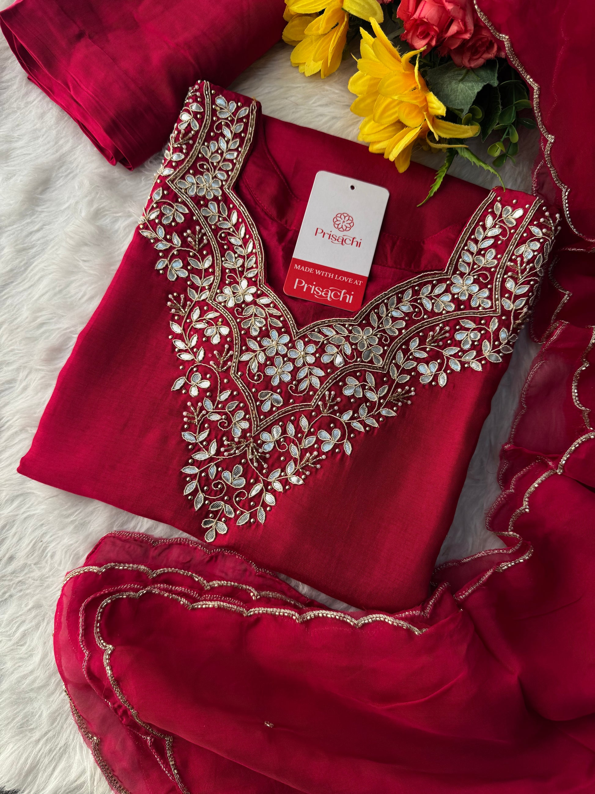 Rani Pink Embroidered Ethnic Kurta Set with Pant & Dupatta - Prisachi Official