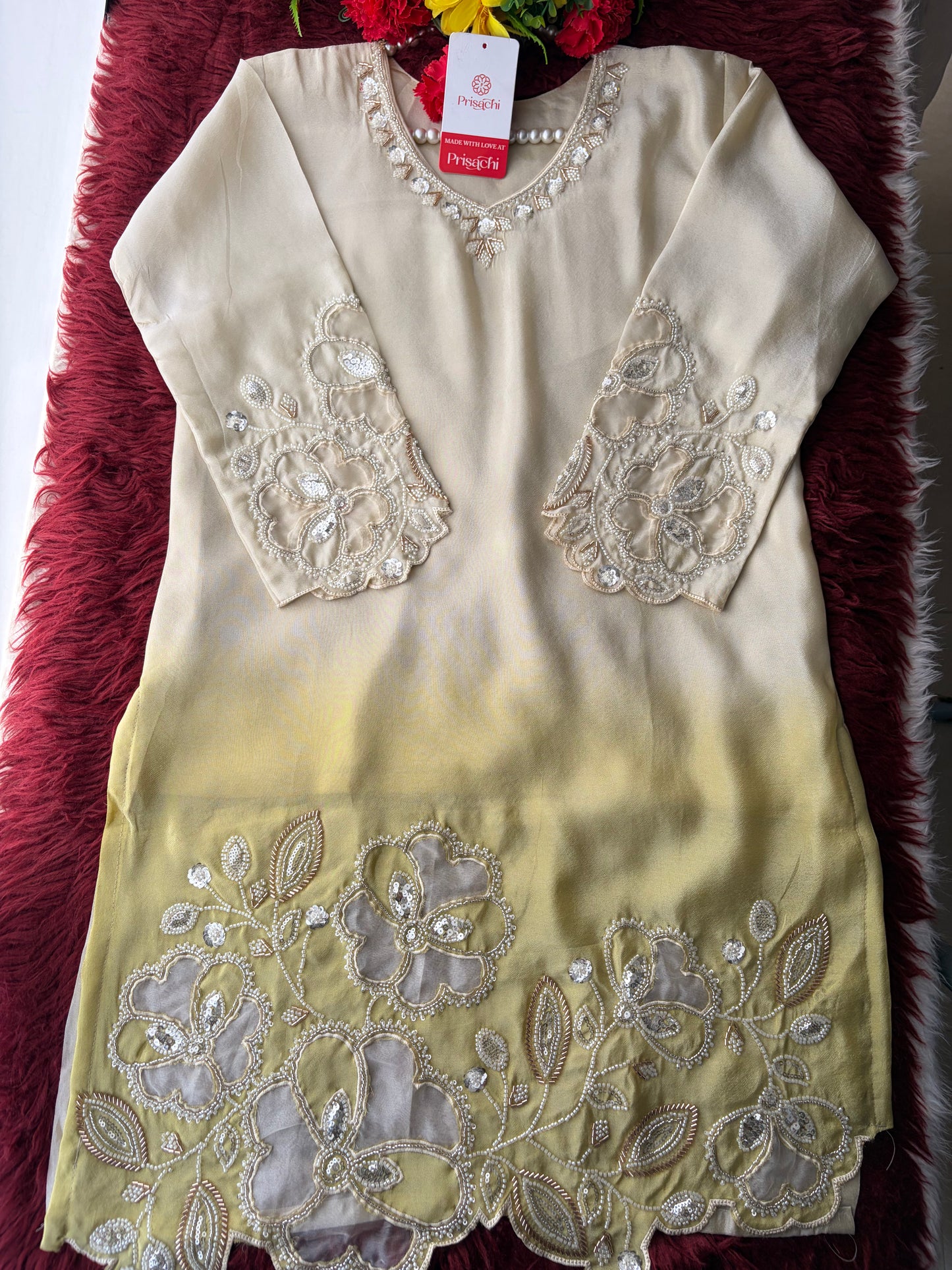 Elegant Gradient Off-White Embroidered Kurta Set with Palazzo | Ethnic Co-Ord Set