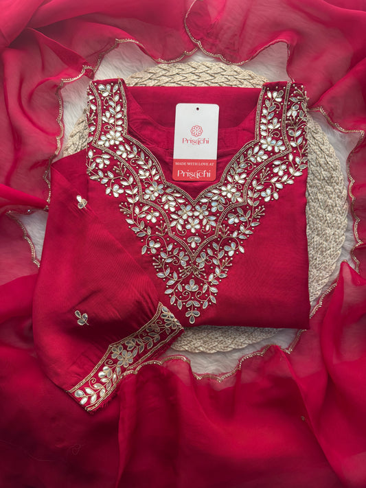 Rani Pink Embroidered Ethnic Kurta Set with Pant & Dupatta - Prisachi Official