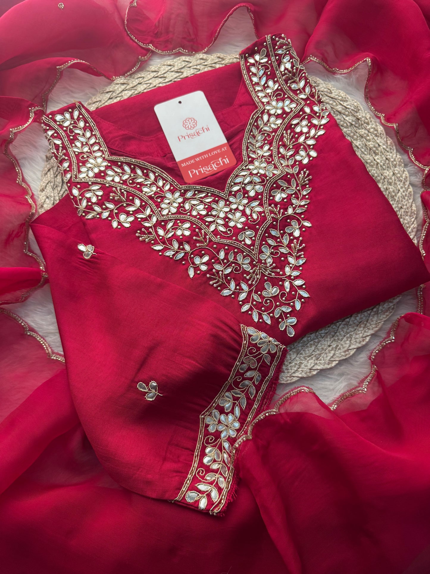 Rani Pink Embroidered Ethnic Kurta Set with Pant & Dupatta - Prisachi Official