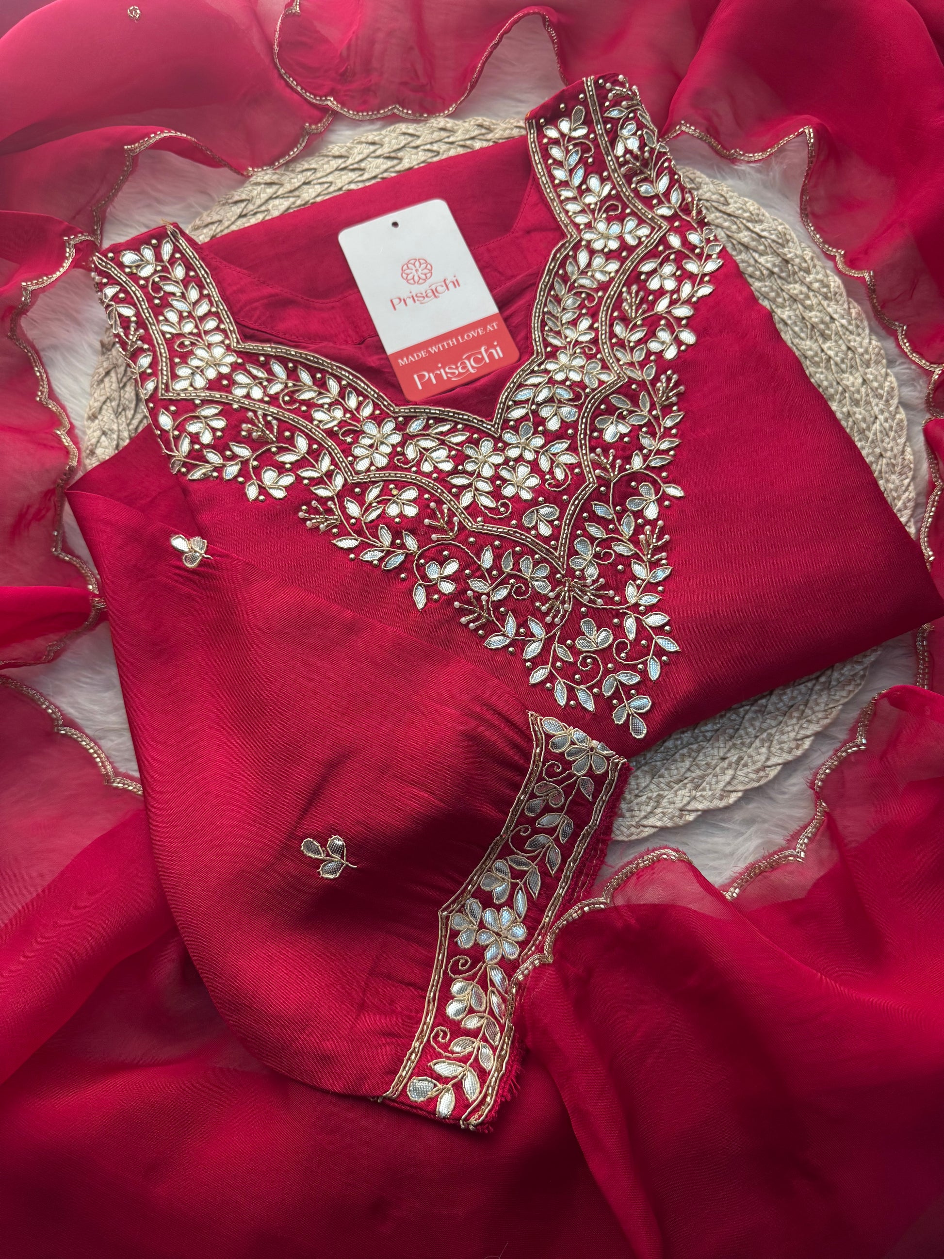 Rani Pink Embroidered Ethnic Kurta Set with Pant & Dupatta - Prisachi Official