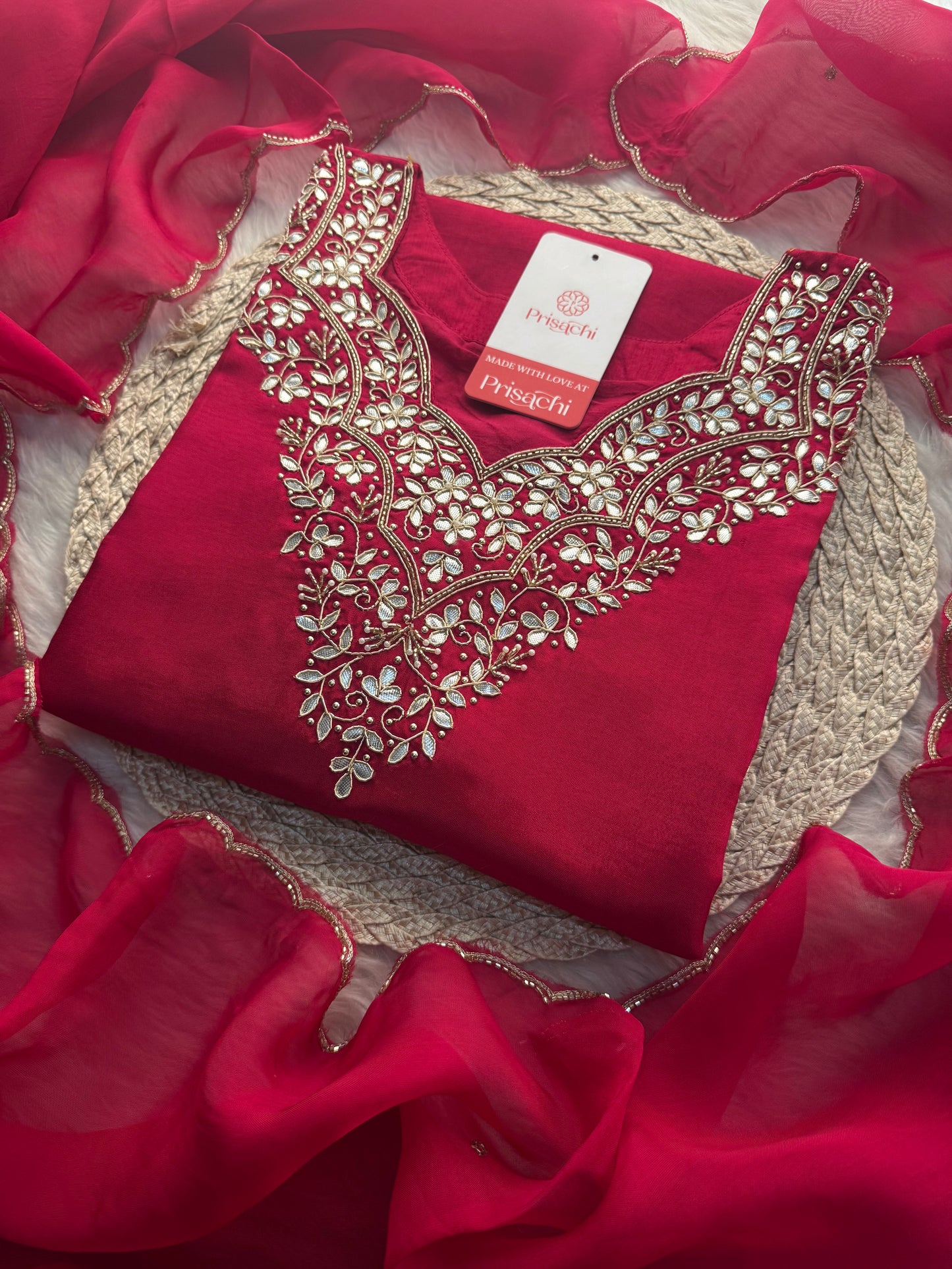Rani Pink Embroidered Ethnic Kurta Set with Pant & Dupatta - Prisachi Official