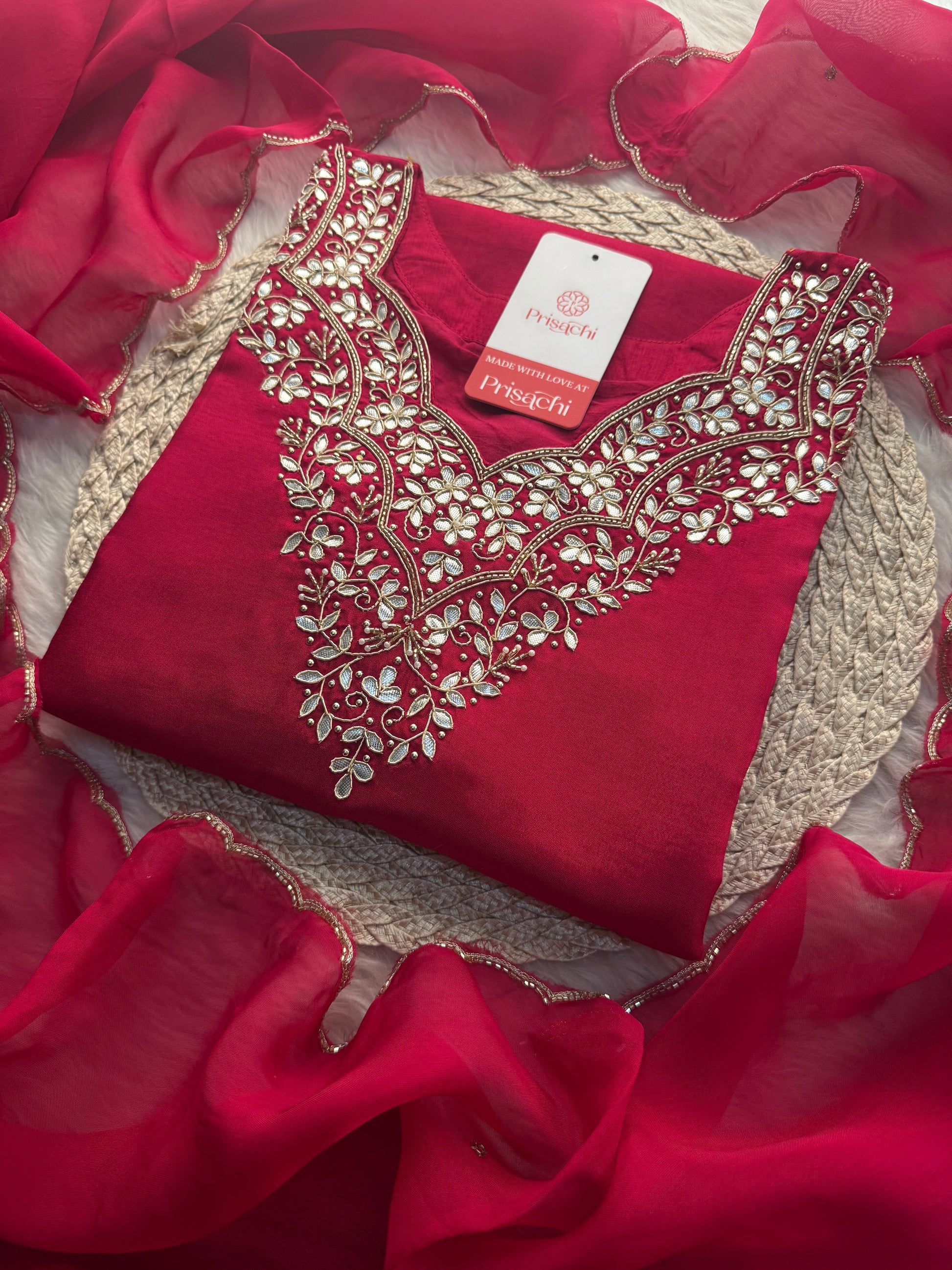 Rani Pink Embroidered Ethnic Kurta Set with Pant & Dupatta - Prisachi Official