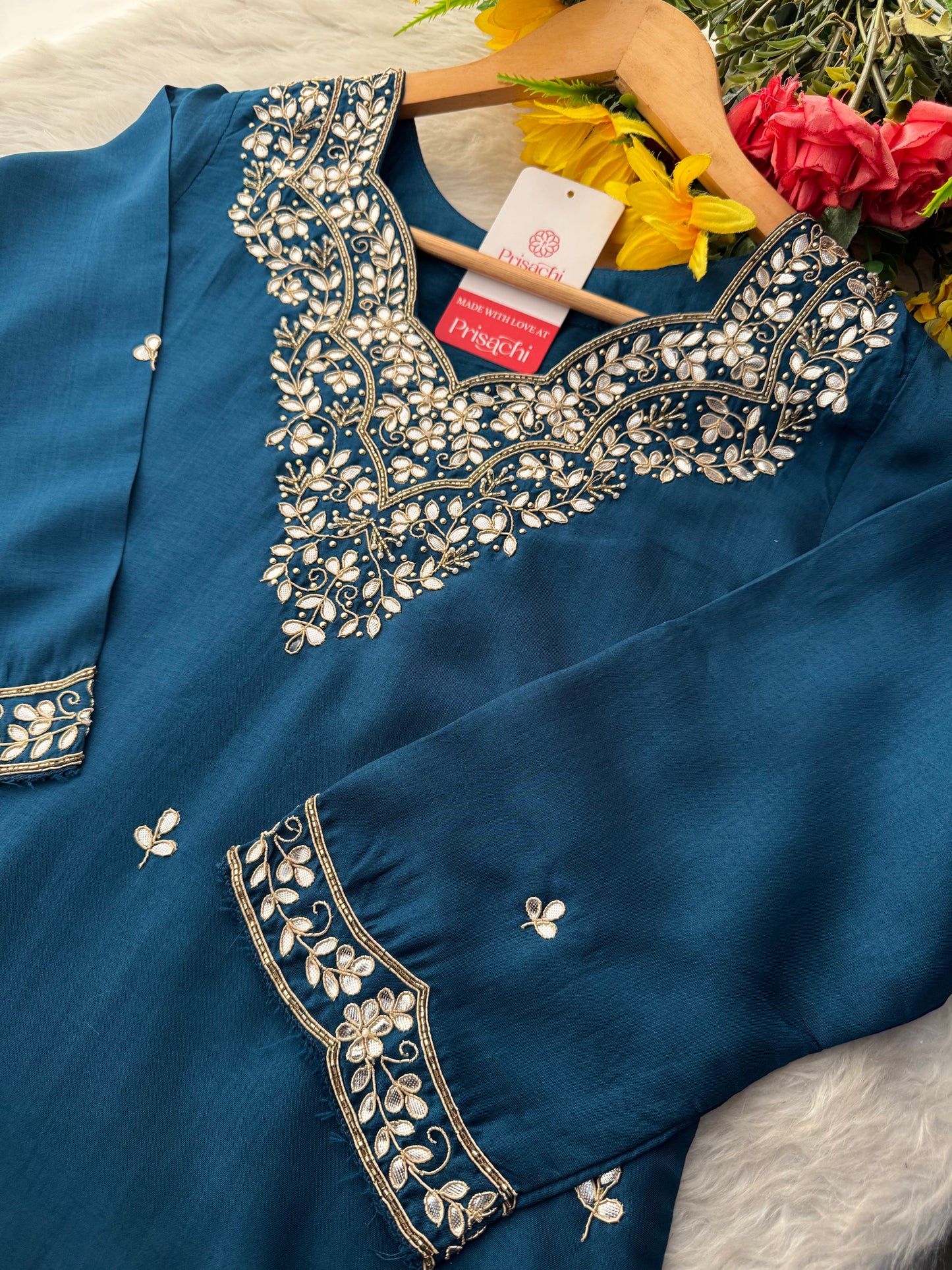Navy Blue Embroidered Ethnic Kurta Set with Pants & Dupatta - Prisachi Official