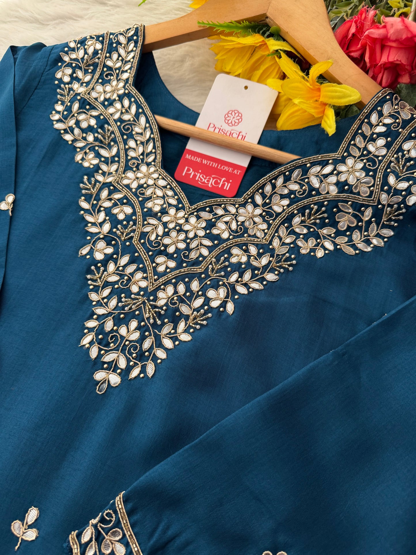 Navy Blue Embroidered Ethnic Kurta Set with Pants & Dupatta - Prisachi Official