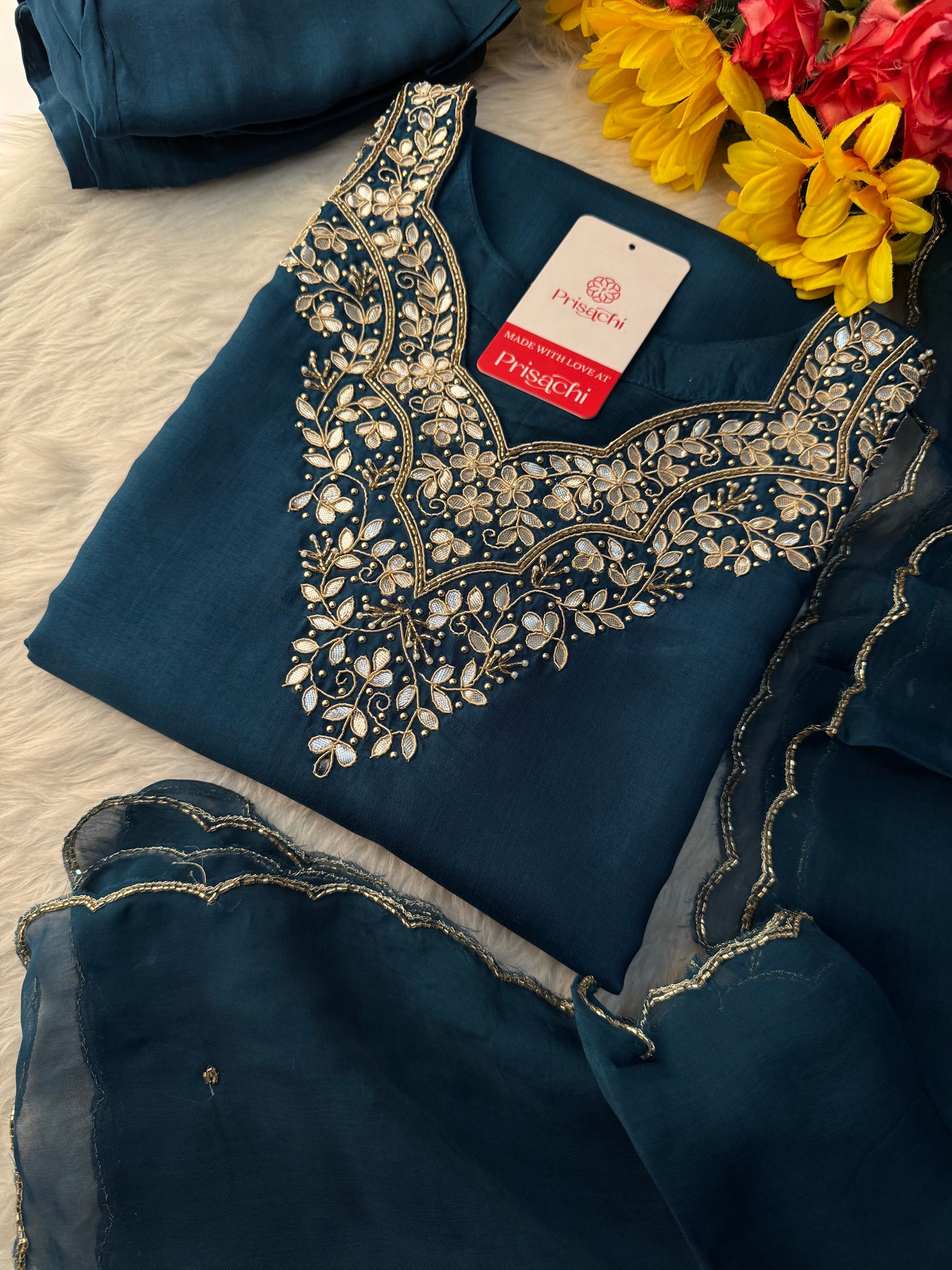 Navy Blue Embroidered Ethnic Kurta Set with Pants & Dupatta - Prisachi Official