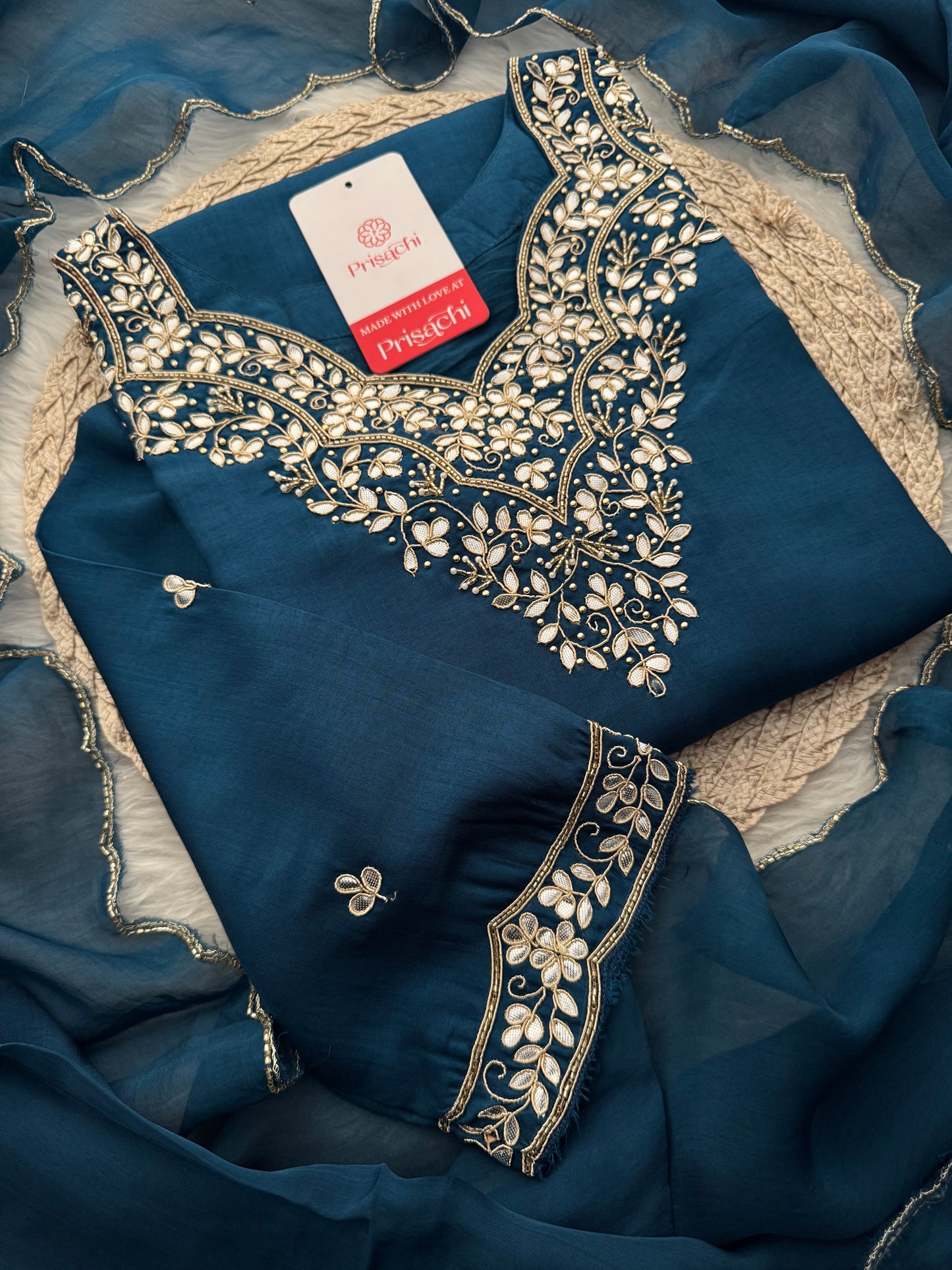 Navy Blue Embroidered Ethnic Kurta Set with Pants & Dupatta - Prisachi Official