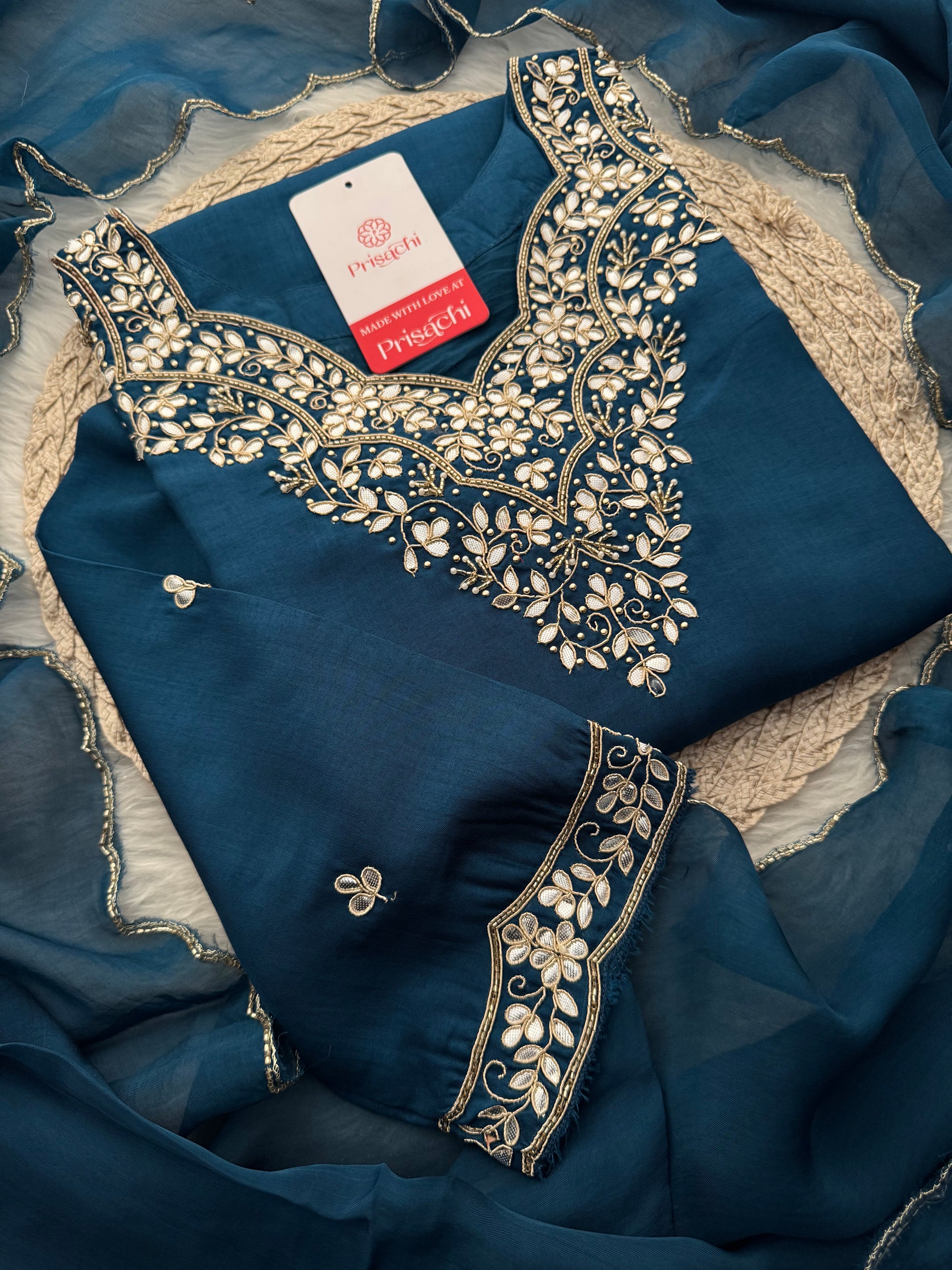 Navy Blue Embroidered Ethnic Kurta Set with Pants & Dupatta - Prisachi Official