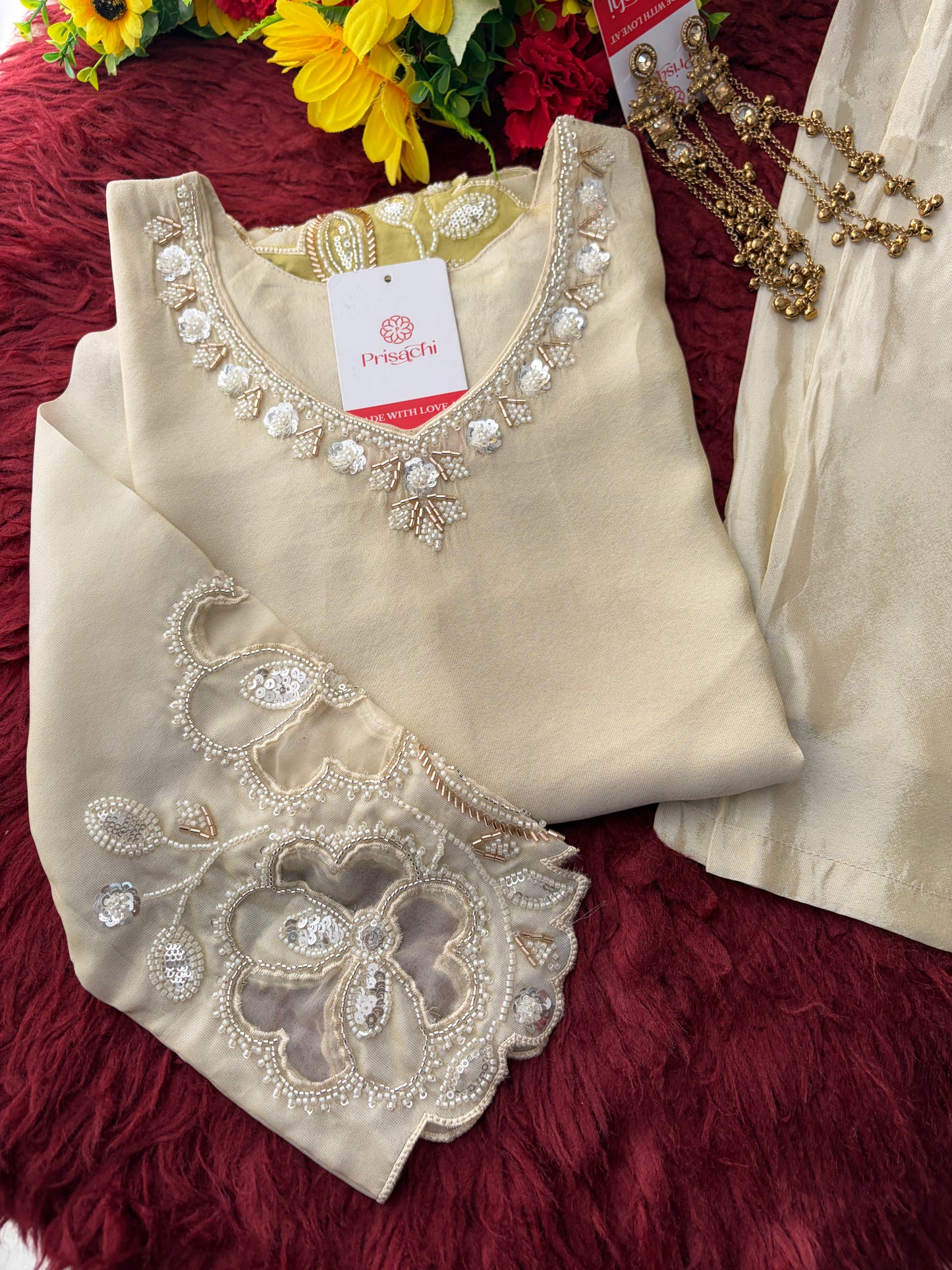 Elegant Gradient Off-White Embroidered Kurta Set with Palazzo | Ethnic Co-Ord Set