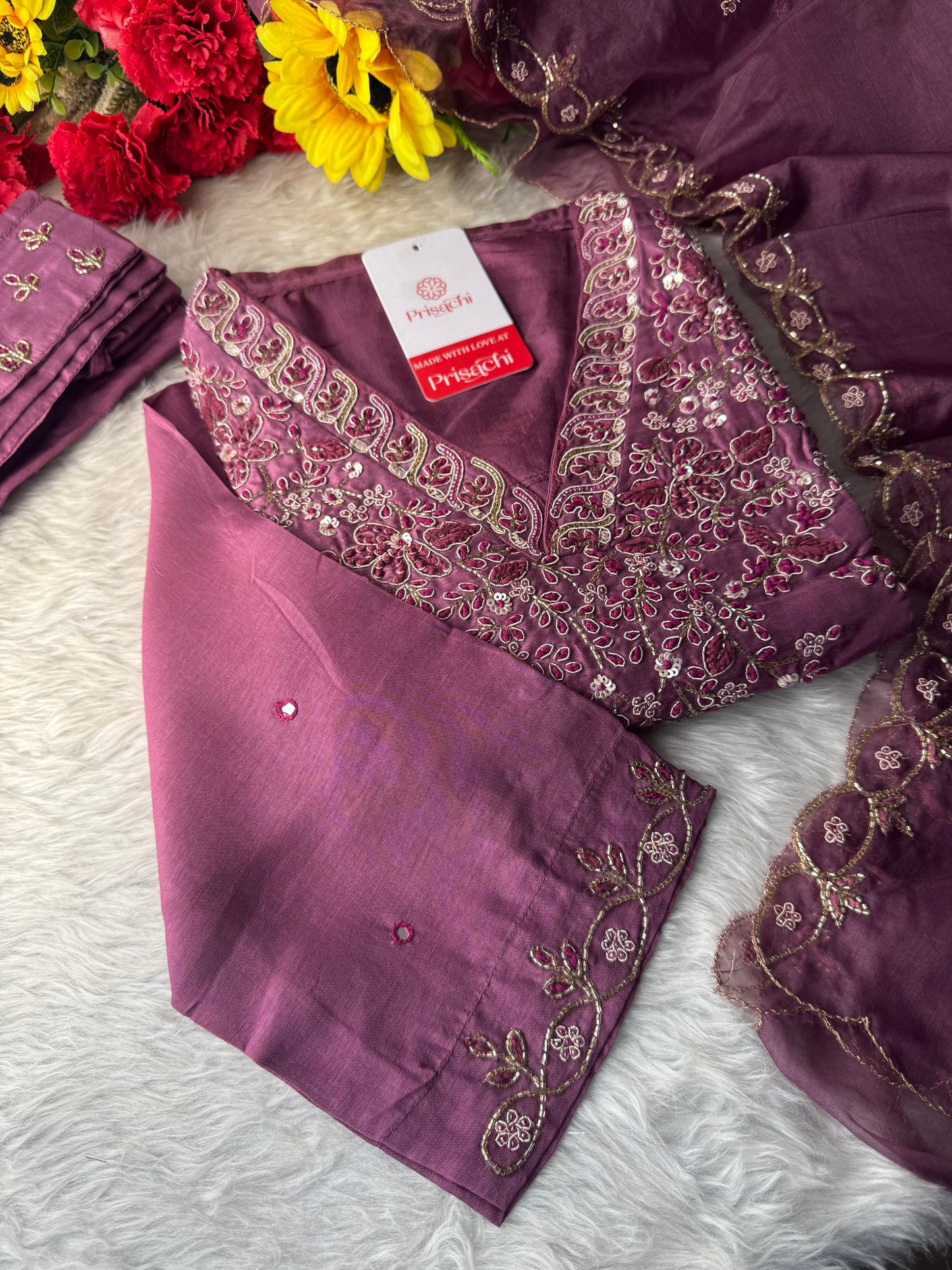 Mauve Embroidered Ethnic Kurta Set with Pants & Dupatta - Prisachi Official